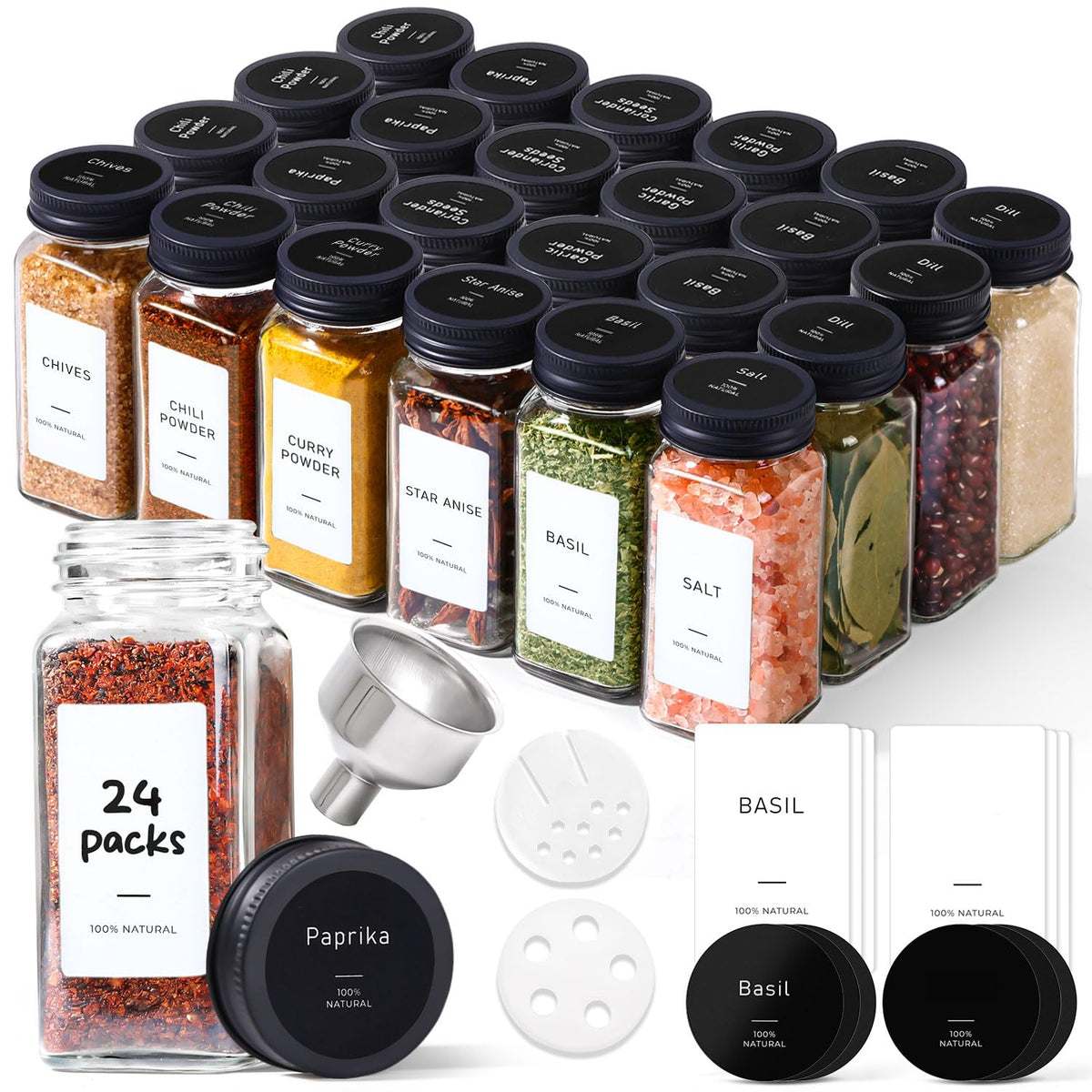 ComSaf Glass Spice Jars with with Labels 4 oz 24 Pack Small Square Bulk Set