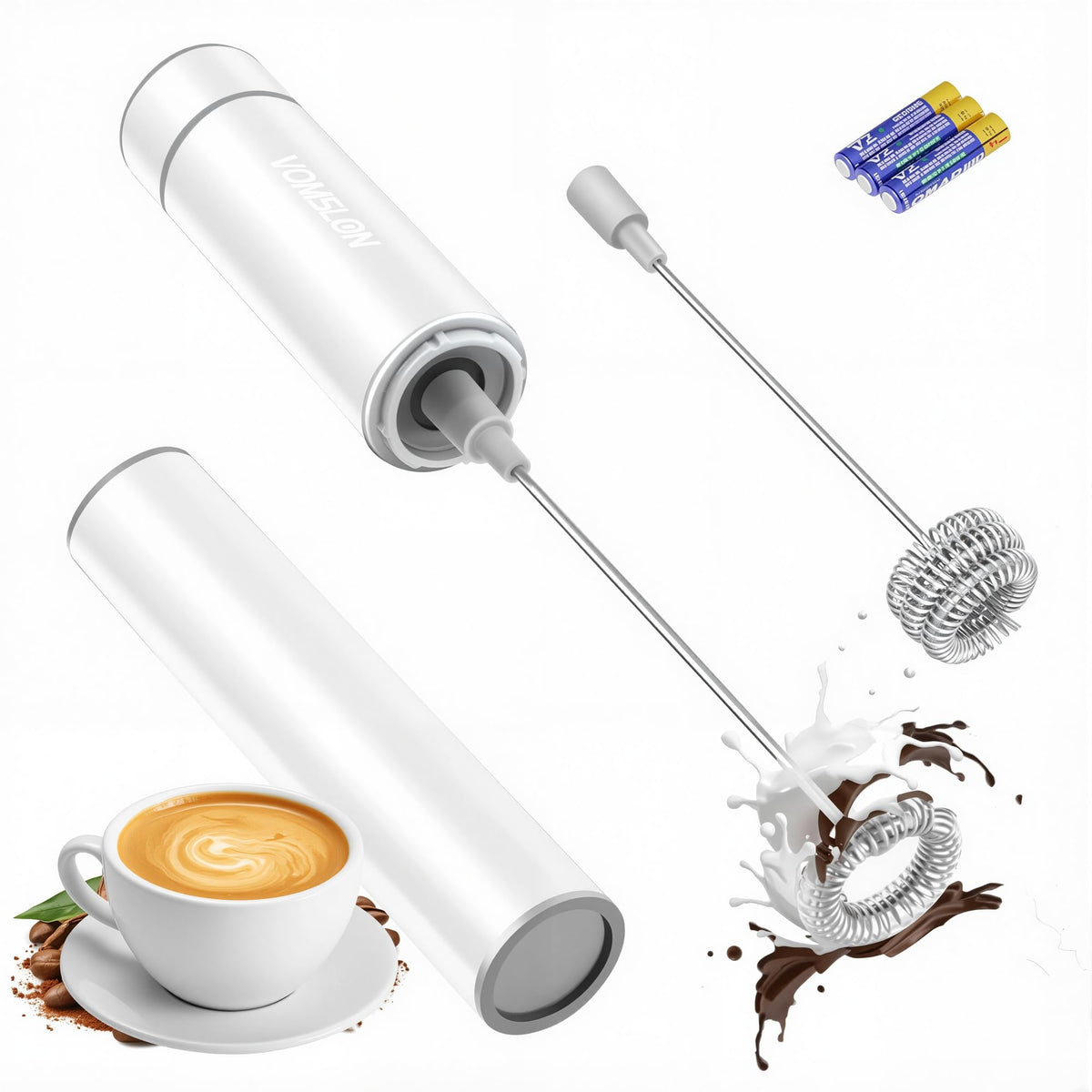 Milk Frother Handheld, Battery Operated Travel Coffee Frother Milk Foamer Drink Mixer with 2 Stainless Steel Whisks for Hot Chocolate, Batteries Included, Silver