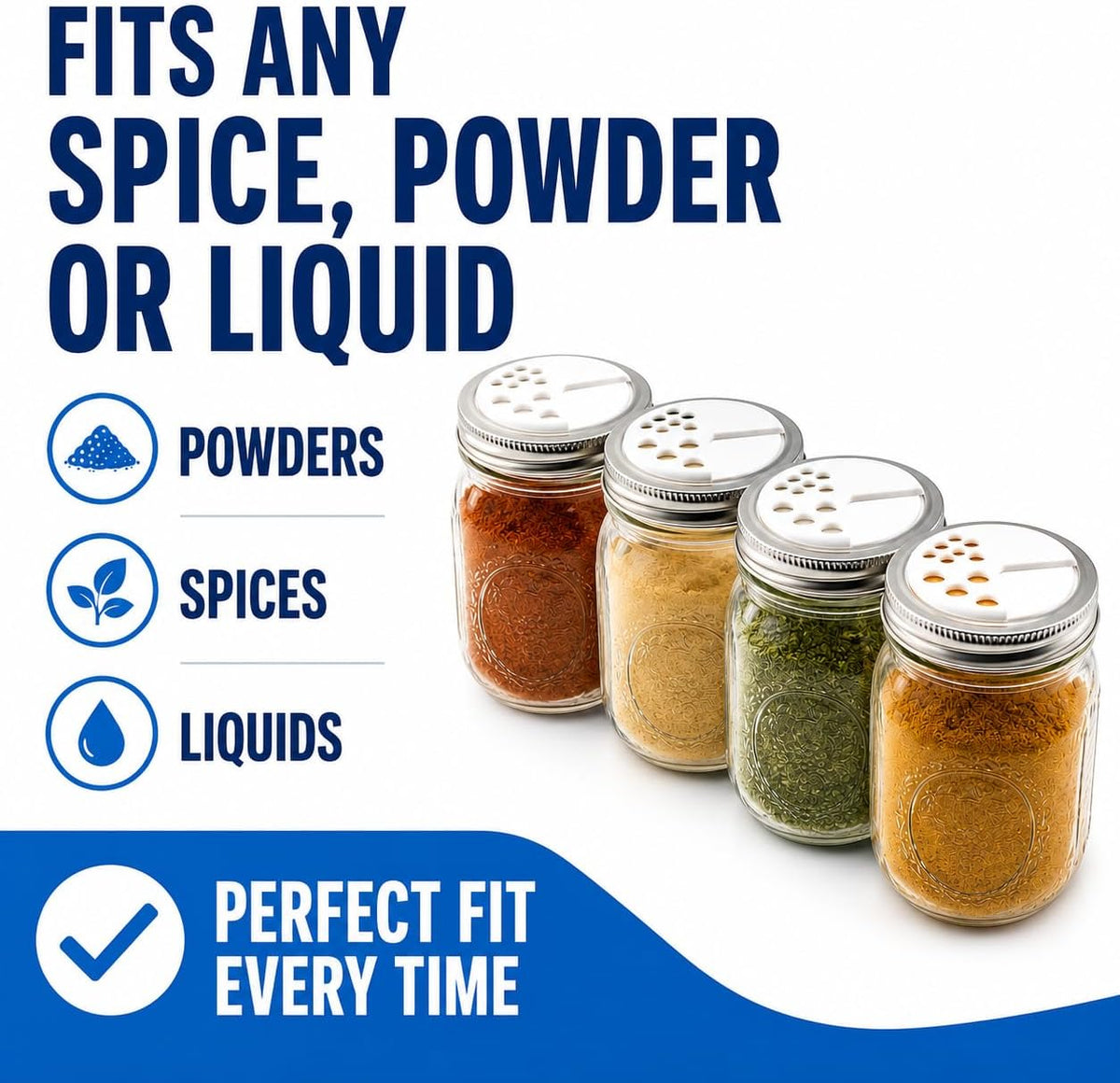 Adjustable Spice Shaker Lids for Mason Jars | 4 Pack Plastic Seasoning Jar Lids with Shaker & Pour Options | Refillable Spice Dispenser Tops for Herbs, Salt & Pepper (Regular Mouth Lids)