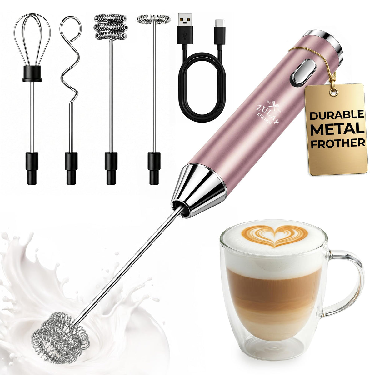 Zulay Kitchen Rechargeable Milk Frother Handheld - Frother Wand, Drink Mixer, Electric Whisk Frother, for Cappuccinos, Matcha & Protein Powder - Dynamic 3 Whisk, 3 Speed 500mAh Black