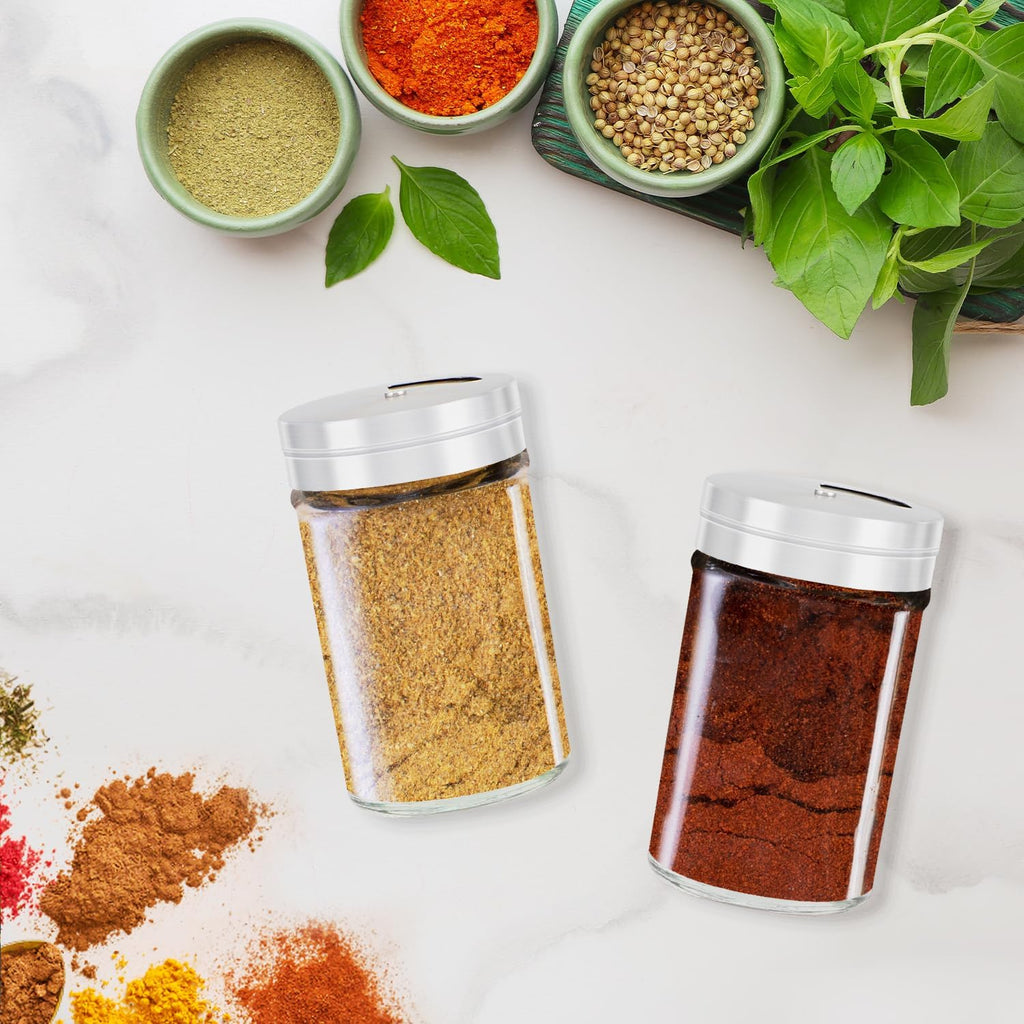 Segarty Spice Jars, 3 Pack 3 oz Spice Bottles with Shaker Lids, Glass Empty Seasoning Containers with Adjustable Pour Holes for Kitchen Spice Storage Stainless Steel Flow Top Salt and Pepper Shakers