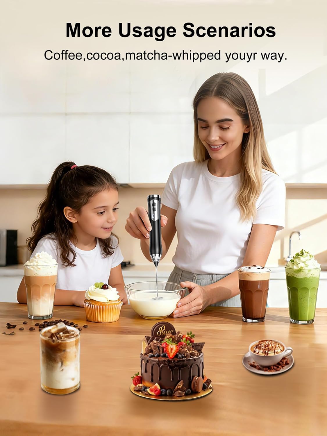 Rechargeable Milk Frother Handheld, IP67 Waterproof Coffee Frother with Digital Battery Display, 3-Speed Electric Milk Frother for Coffee, Latte, Cappuccino, Matcha, Protein Shakes & Eggs (Green)