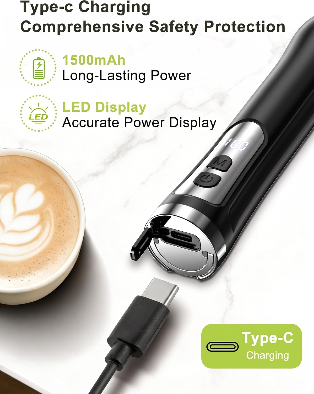 Rechargeable Milk Frother Handheld, IP67 Waterproof Coffee Frother with Digital Battery Display, 3-Speed Electric Milk Frother for Coffee, Latte, Cappuccino, Matcha, Protein Shakes & Eggs (Green)