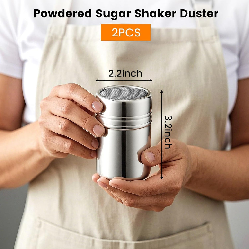 HANSGO Powdered Sugar Shaker Duster, 2PCS Stainless Steel Cinnamon Shaker for Coffee Bar, Fine Mesh Dredge, Salt and Pepper Shakers for Soda, Cocoa, Cornstarch, Seasoning, 6 Ounce, with Lid