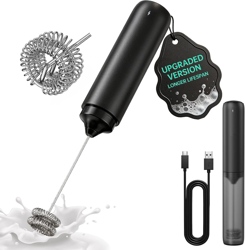 CIRCLE JOY Upgraded Rechargeable Milk Frother Handheld, Electric Drink Mixer with Silicone Charging Port Cover and Longer Dual Coil Whisk Head, Dishwasher Safe, for Lattes & More