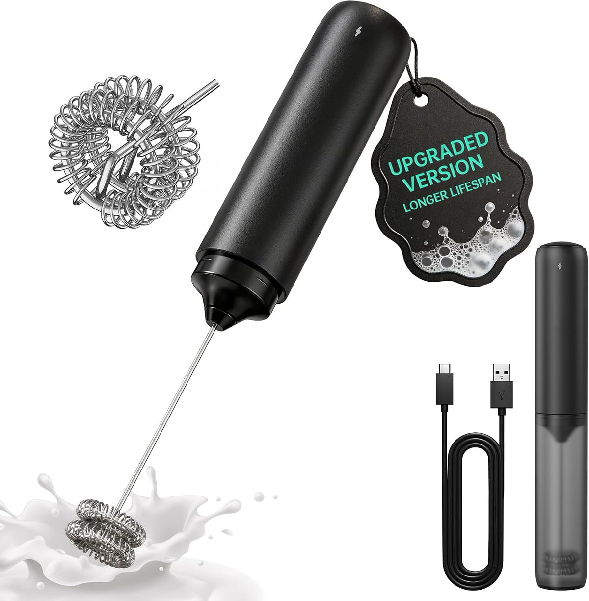 CIRCLE JOY Upgraded Rechargeable Milk Frother Handheld, Electric Drink Mixer with Silicone Charging Port Cover and Longer Dual Coil Whisk Head, Dishwasher Safe, for Lattes & More