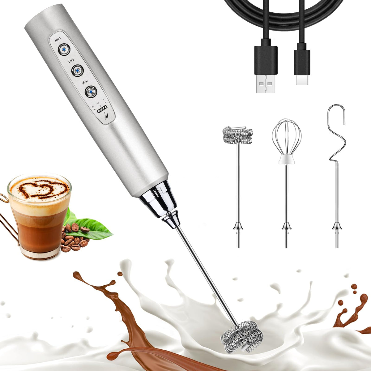 Nahida Black Milk Frother Wand for Coffee, Frother Handheld Rechargeable Electric Whisk Drink Mixer with 3 Heads 3 Speeds Coffee Frother Electric Stirrer For Latte, Cappuccino, Hot Chocolate