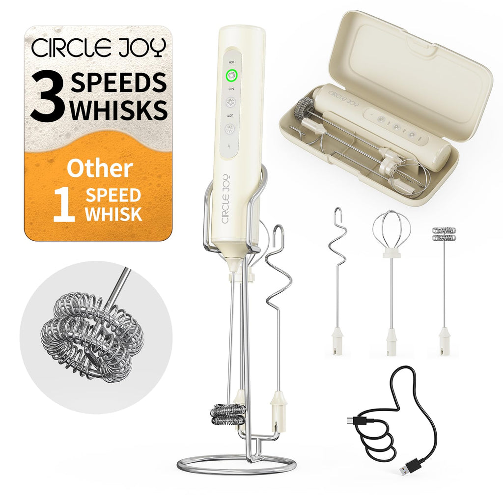 CIRCLE JOY Rechargeable Handheld Milk Frother Wand with Stand, 3 Variable Speeds, 3 Whisks and Storage Box, Electric Drink Mixer for Latte, Cappuccino, Hot Chocolate, Eggs and Protein Powder, Black