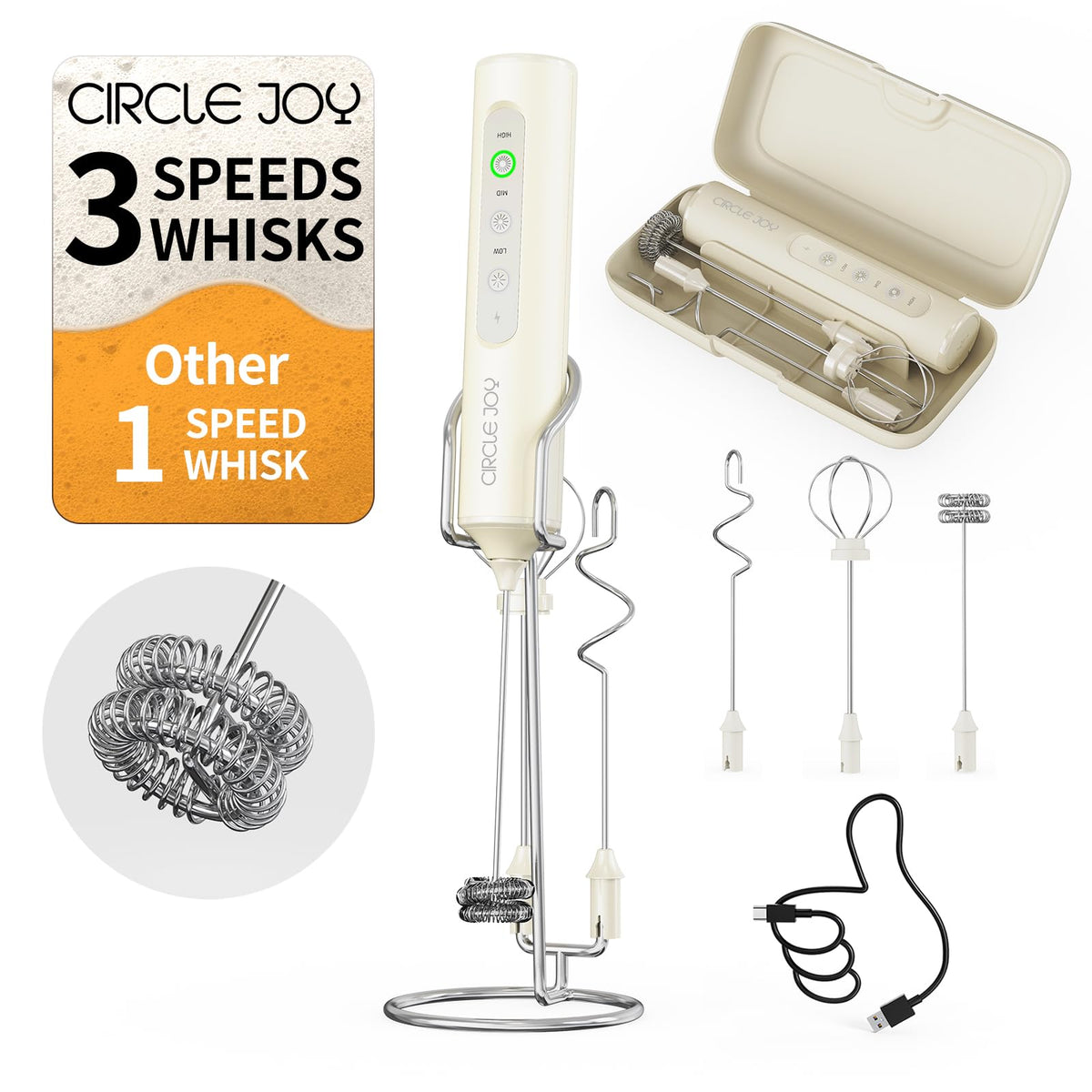 CIRCLE JOY Rechargeable Handheld Milk Frother Wand with Stand, 3 Variable Speeds, 3 Whisks and Storage Box, Electric Drink Mixer for Latte, Cappuccino, Hot Chocolate, Eggs and Protein Powder, Black