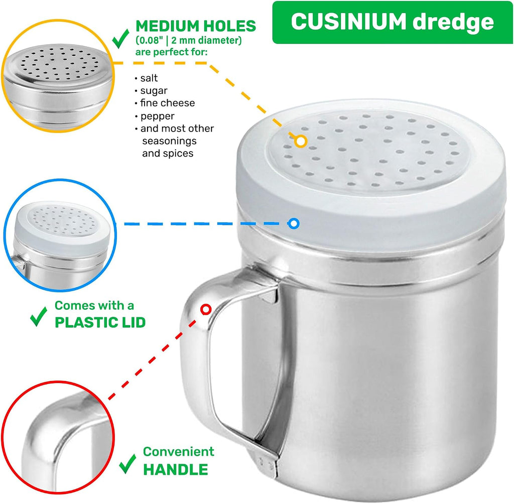 CUSINIUM Metal Salt Pepper Dredge Shakers - With Handle - Seasonings Spice Shakers With Holes and Lids - 10 Ounce, 2pcs | Style: Medium