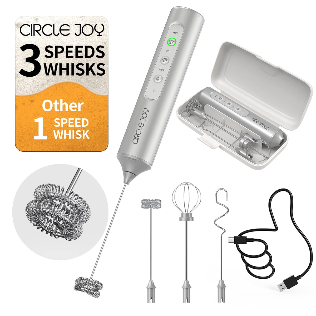 CIRCLE JOY Rechargeable Handheld Milk Frother Wand with Stand, 3 Variable Speeds, 3 Whisks and Storage Box, Electric Drink Mixer for Latte, Cappuccino, Hot Chocolate, Eggs and Protein Powder, Black