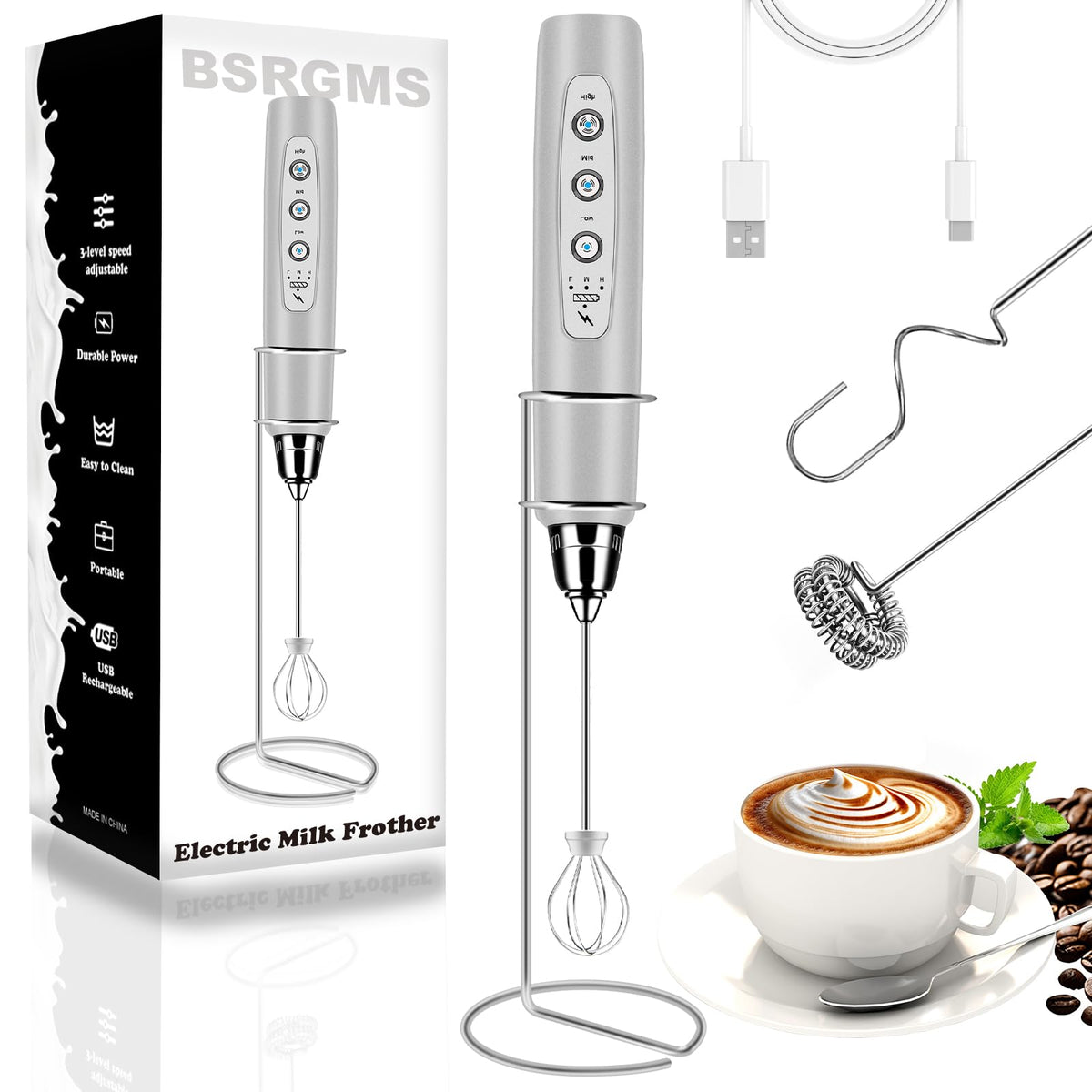 Milk Frother Wand Rechargeable Handheld Whisk Coffee 3 Speed Adjustable