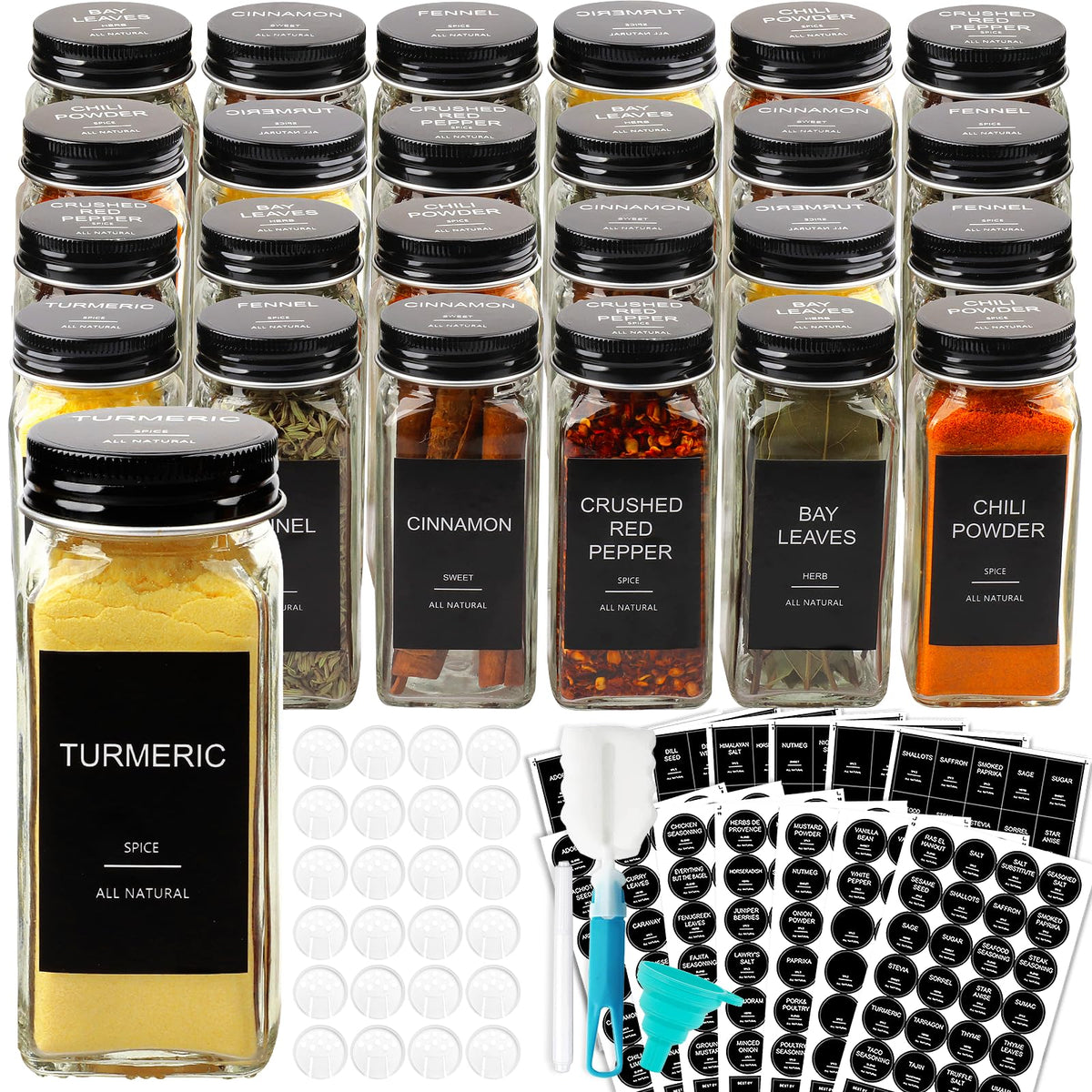 AISIPRIN Spice Jars with Lable, Glass Salt and Pepper Shakers Set, 24 Pcs Spice Botter with Shaker Lids, Ktchen Essentials Seasoning Organizer Containers, Included 398 Lables,Funnel, Brush, Marker