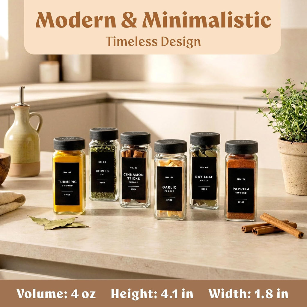 EDELHAUS Glass Spice Jars with Labels, 24x Matte Black Lids - 4oz Set