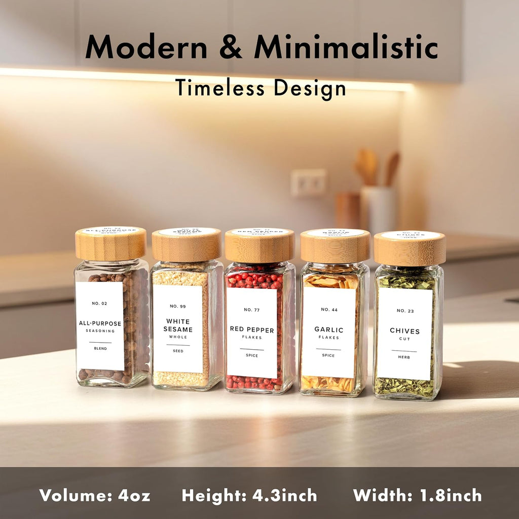 EDELHAUS Glass Spice Jars with Label, 36x Bamboo Wooden Lids - White Labels