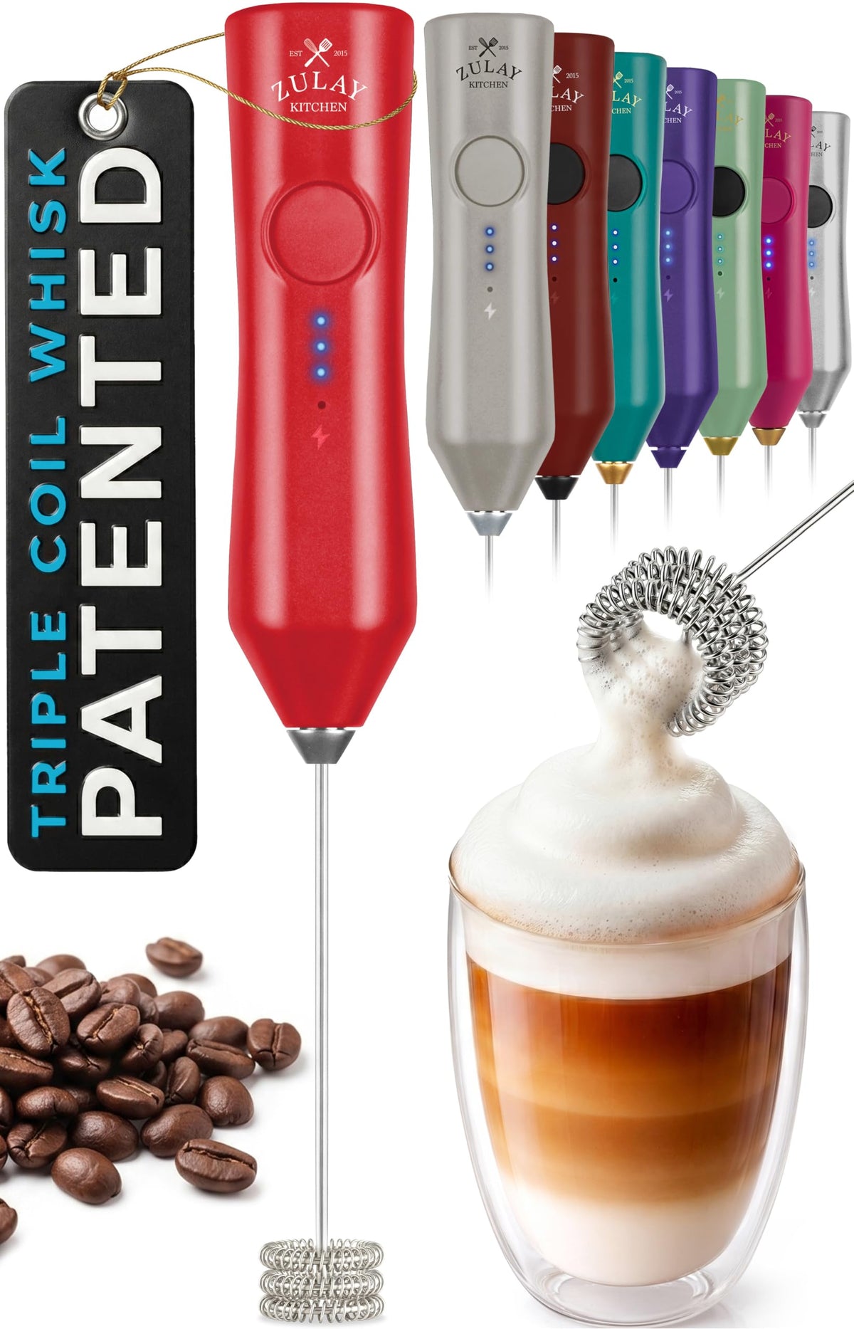 Zulay Kitchen Powerful Milk Frother Wand With Duracell Batteries - Ultra Fast Handheld Drink Mixer - Electric Whisk Foam Maker for Coffee, Lattes, Cappuccino & Matcha - Triple Whisk - Black