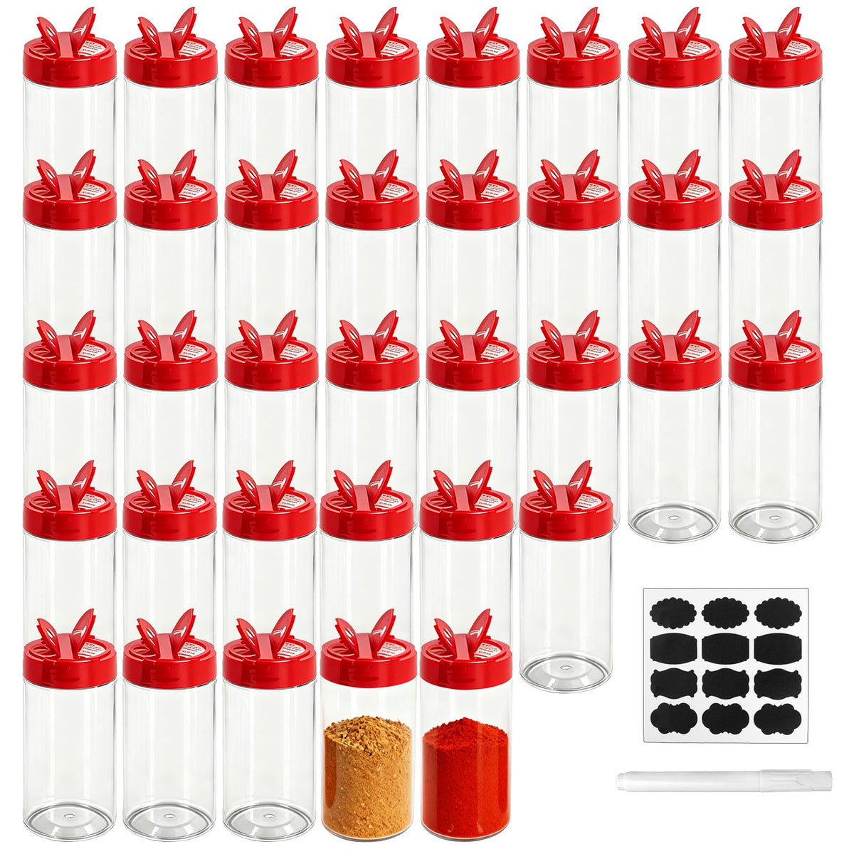 35 Pcs 8.7 oz Plastic Spice Jars with Labels and Pen Clear Kitchen Seasoning Containers with Shaker Lids Spice Powders Bottles Seasoning Store Jars, for Kitchen