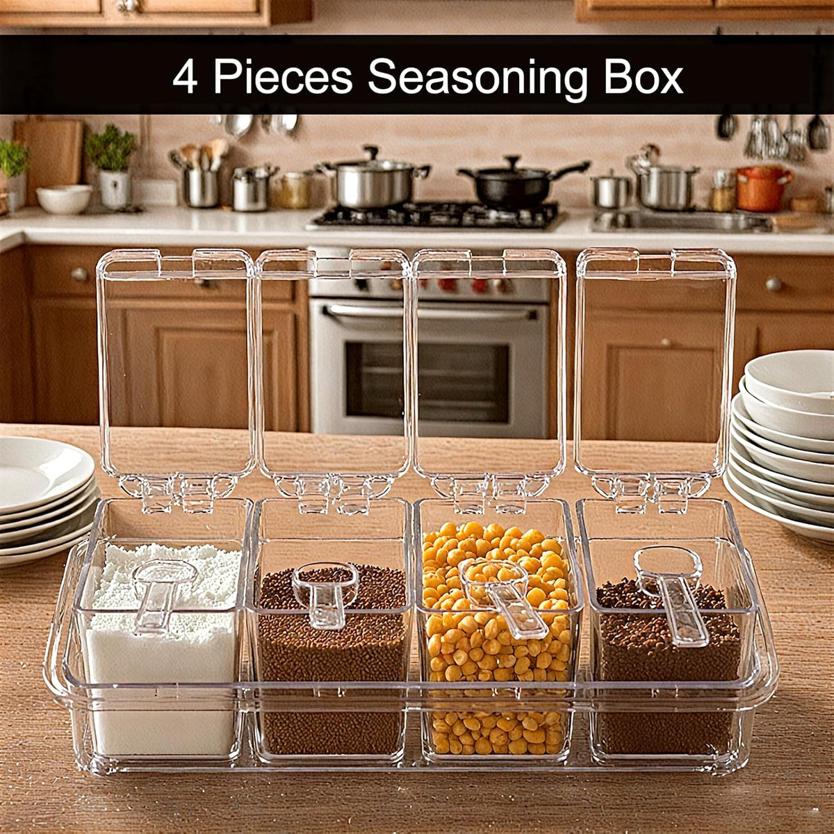 Clear Seasoning Box, 4 Pieces Seasoning Rack Spice Pots with Lids and Spoons, Toppings Containers, Acrylic Seasoning Box for Salt Spice, Pepper, Sugar, Cardamon, Cinnamon