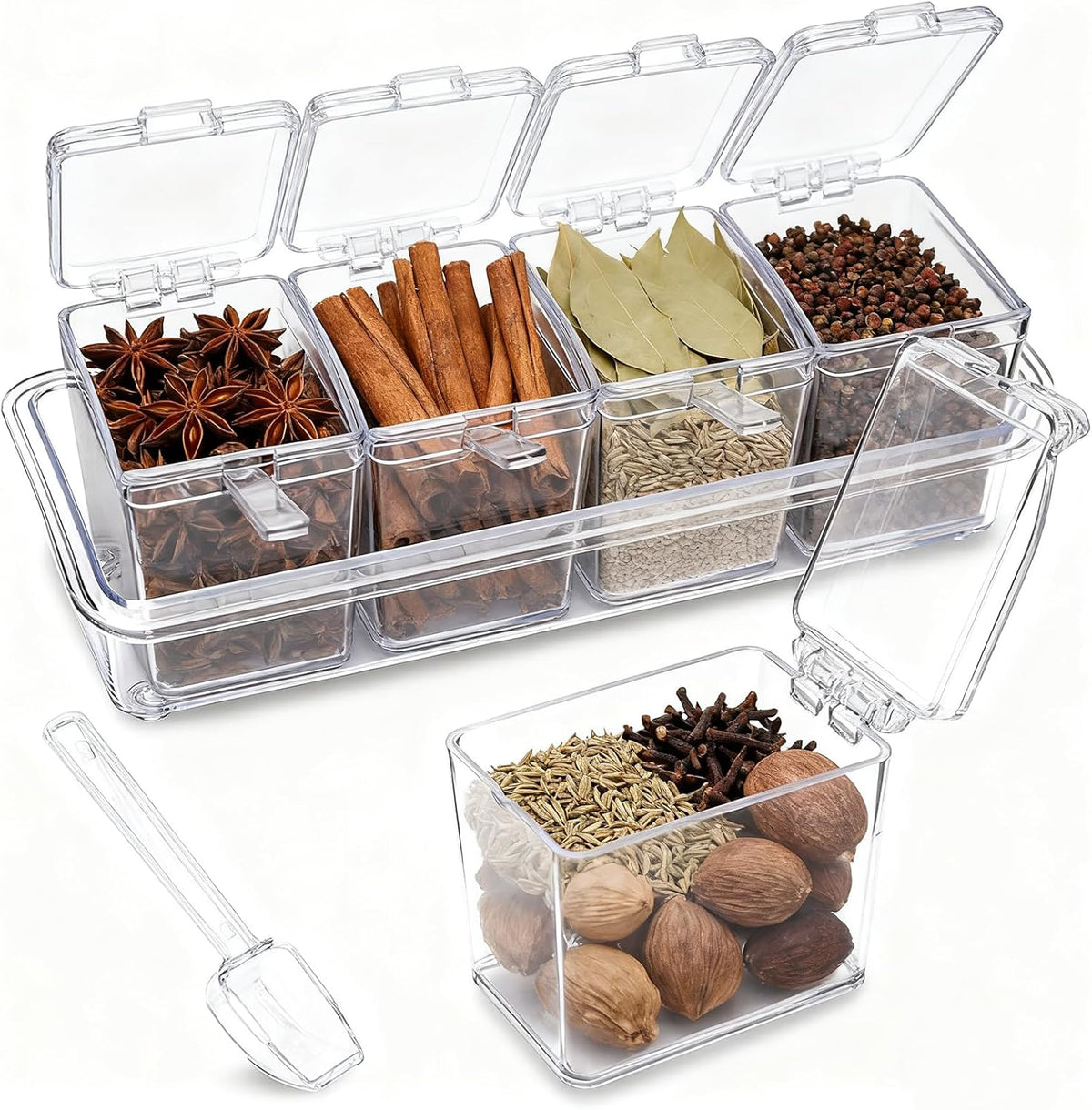 Clear Seasoning Box, 4 Pieces Seasoning Rack Spice Pots, Storage Container Condiment Jars Acrylic Seasoning Box with Covers and Spoons for Spice, Sugar, Salt, Sugar, Cardamon, Cinnamon