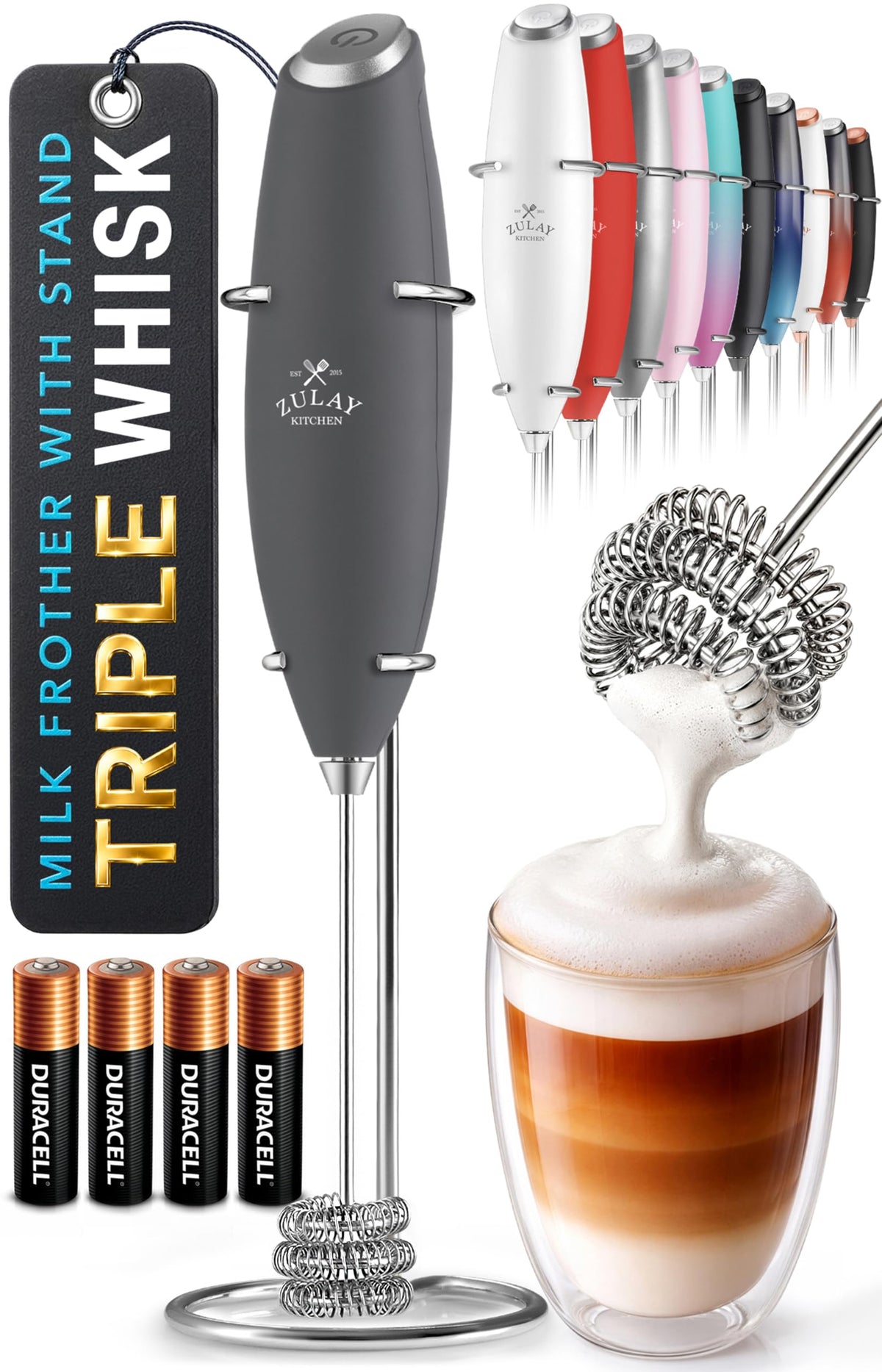 Zulay Kitchen Milk Frother Handheld Electric Whisk – Frother Wand, Durable Drink Mixer, Coffee Frother, Hand Blender, Frother for Protein Powder, Matcha & More - Black