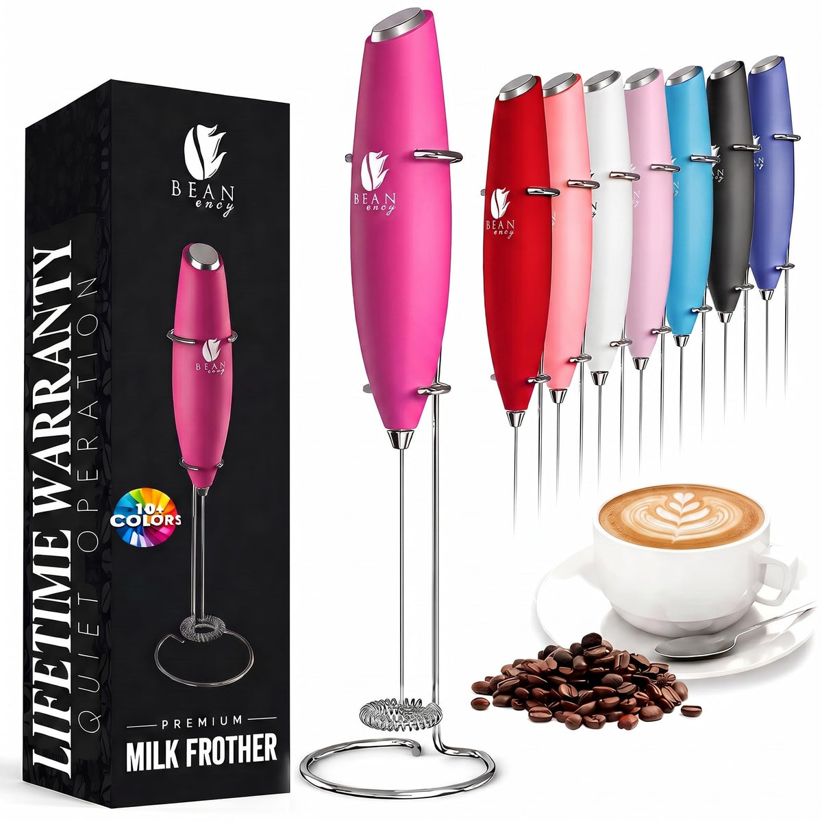 Bean Envy Milk Frother Handheld - Coffee Mixer Wand with Stand - Black
