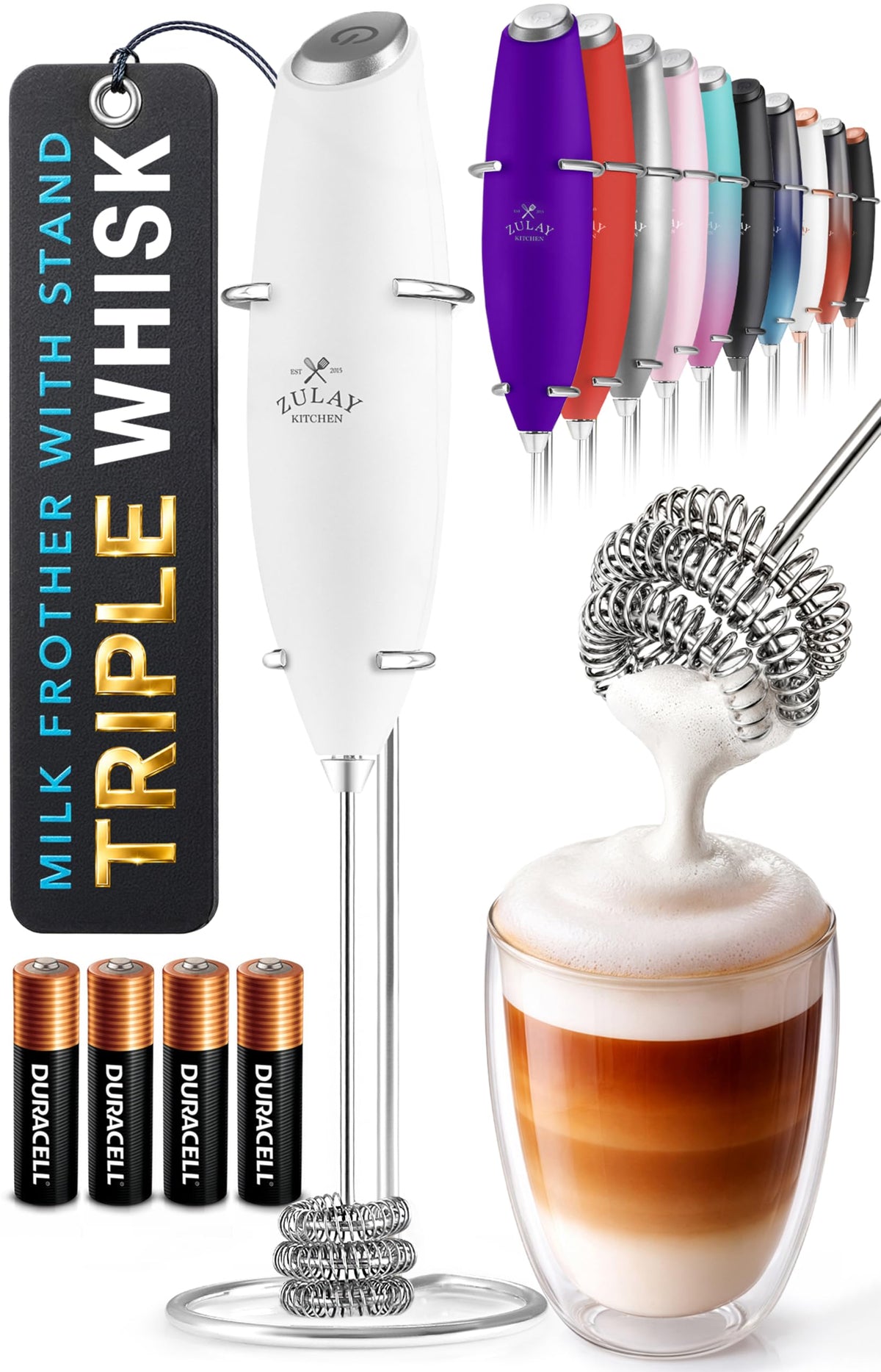 Zulay Kitchen Milk Frother Handheld Electric Whisk – Frother Wand, Durable Drink Mixer, Coffee Frother, Hand Blender, Frother for Protein Powder, Matcha & More - Black