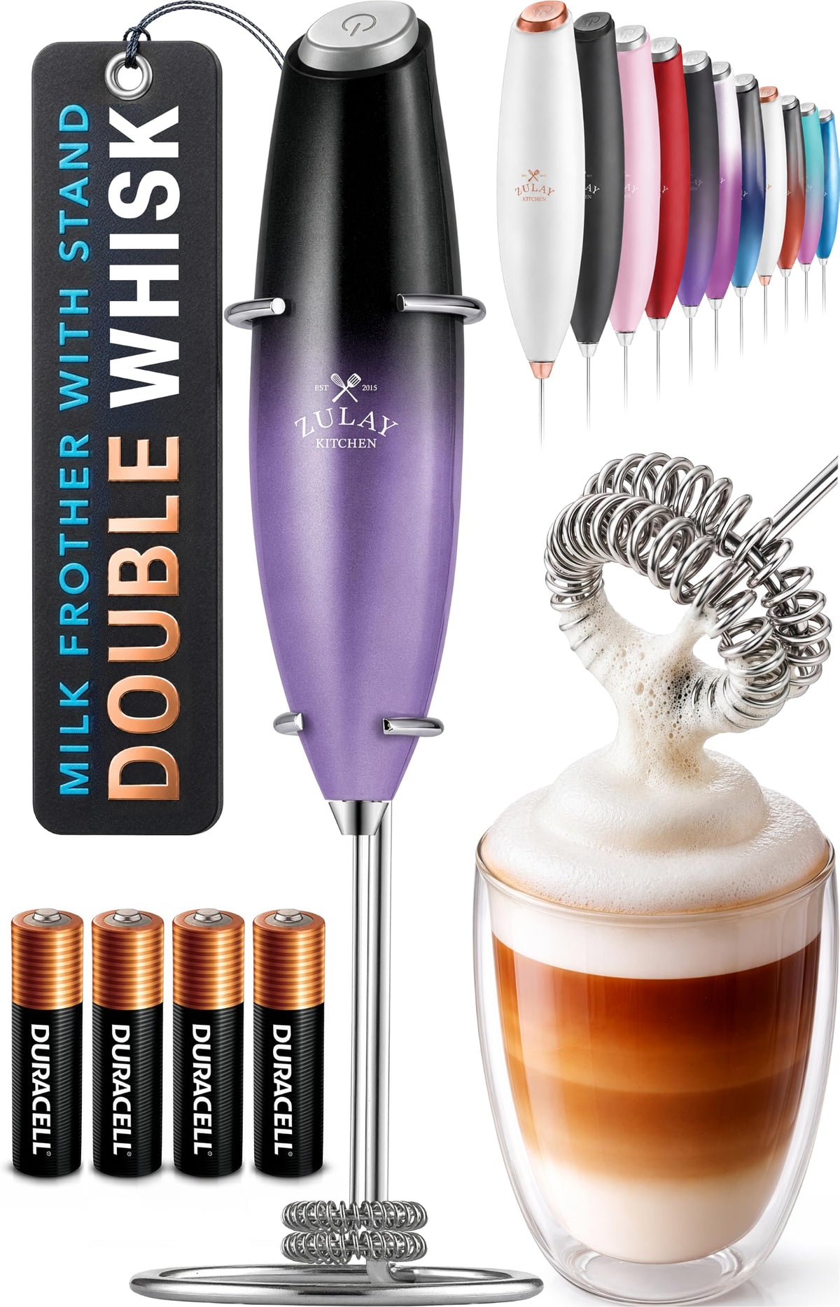 Zulay Kitchen Milk Frother Handheld Electric Whisk – Frother Wand, Durable Drink Mixer, Coffee Frother, Hand Blender, Frother for Protein Powder, Matcha & More - Black