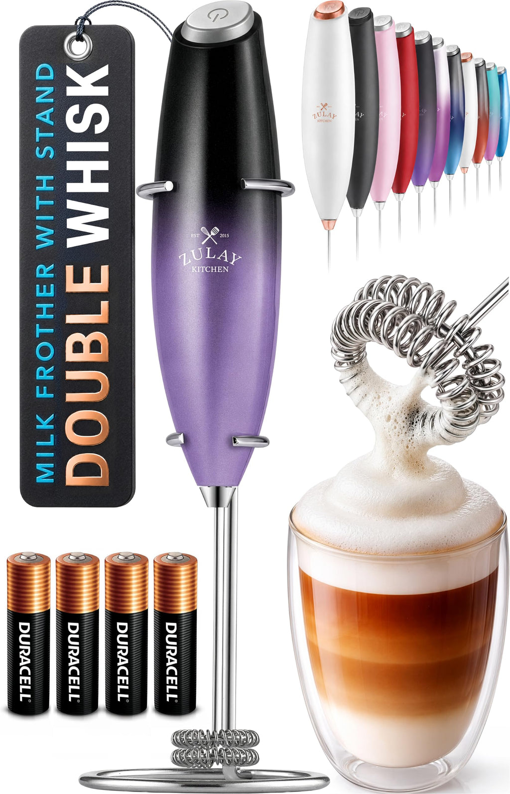 Zulay Kitchen Rechargeable Milk Frother Handheld - Frother Wand, Drink Mixer, Electric Whisk Frother, for Cappuccinos, Matcha & Protein Powder - Dynamic 3 Whisk, 3 Speed 500mAh Black