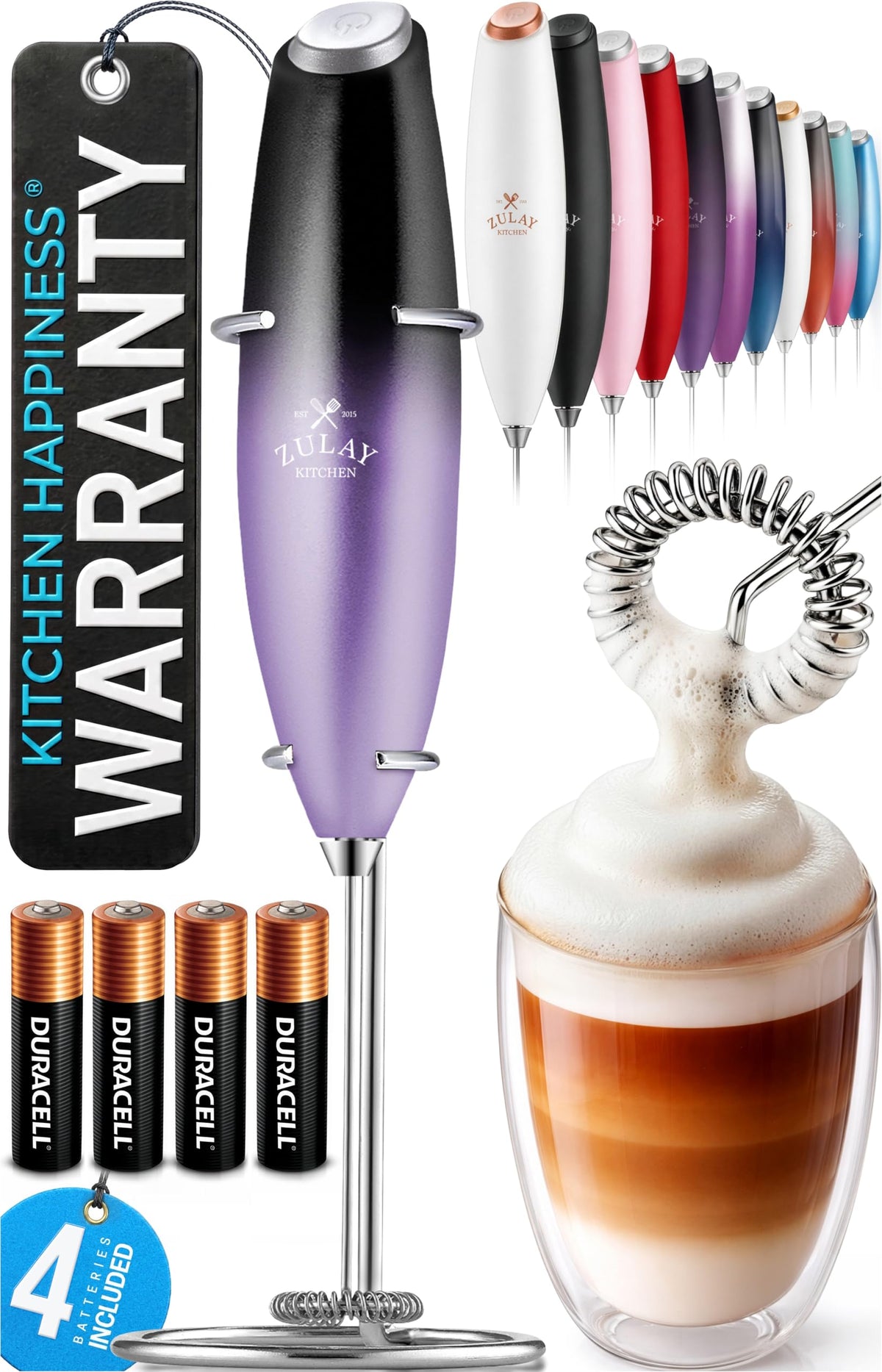 Zulay Kitchen Powerful Milk Frother Wand With Duracell Batteries - Ultra Fast Handheld Drink Mixer - Electric Whisk Foam Maker for Coffee, Lattes, Cappuccino & Matcha - Z1 Motor - Black
