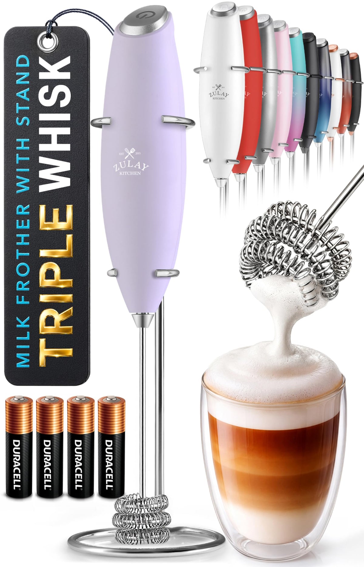 Zulay Kitchen Powerful Milk Frother Wand With Duracell Batteries - Ultra Fast Handheld Drink Mixer - Electric Whisk Foam Maker for Coffee, Lattes, Cappuccino & Matcha - Z1 Motor - Black