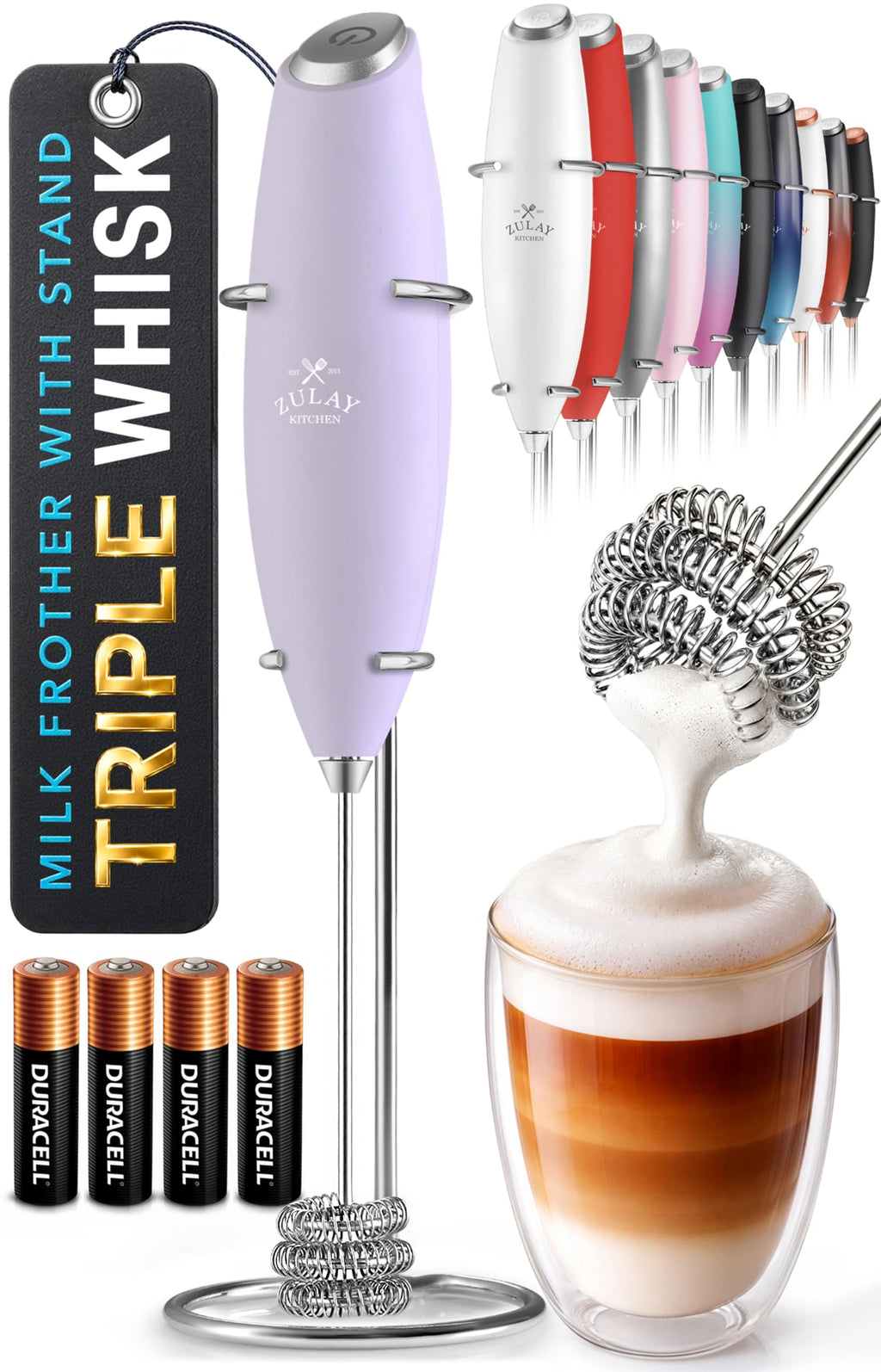 Zulay Kitchen Milk Frother Handheld Electric Whisk – Frother Wand, Durable Drink Mixer, Coffee Frother, Hand Blender, Frother for Protein Powder, Matcha & More - Black
