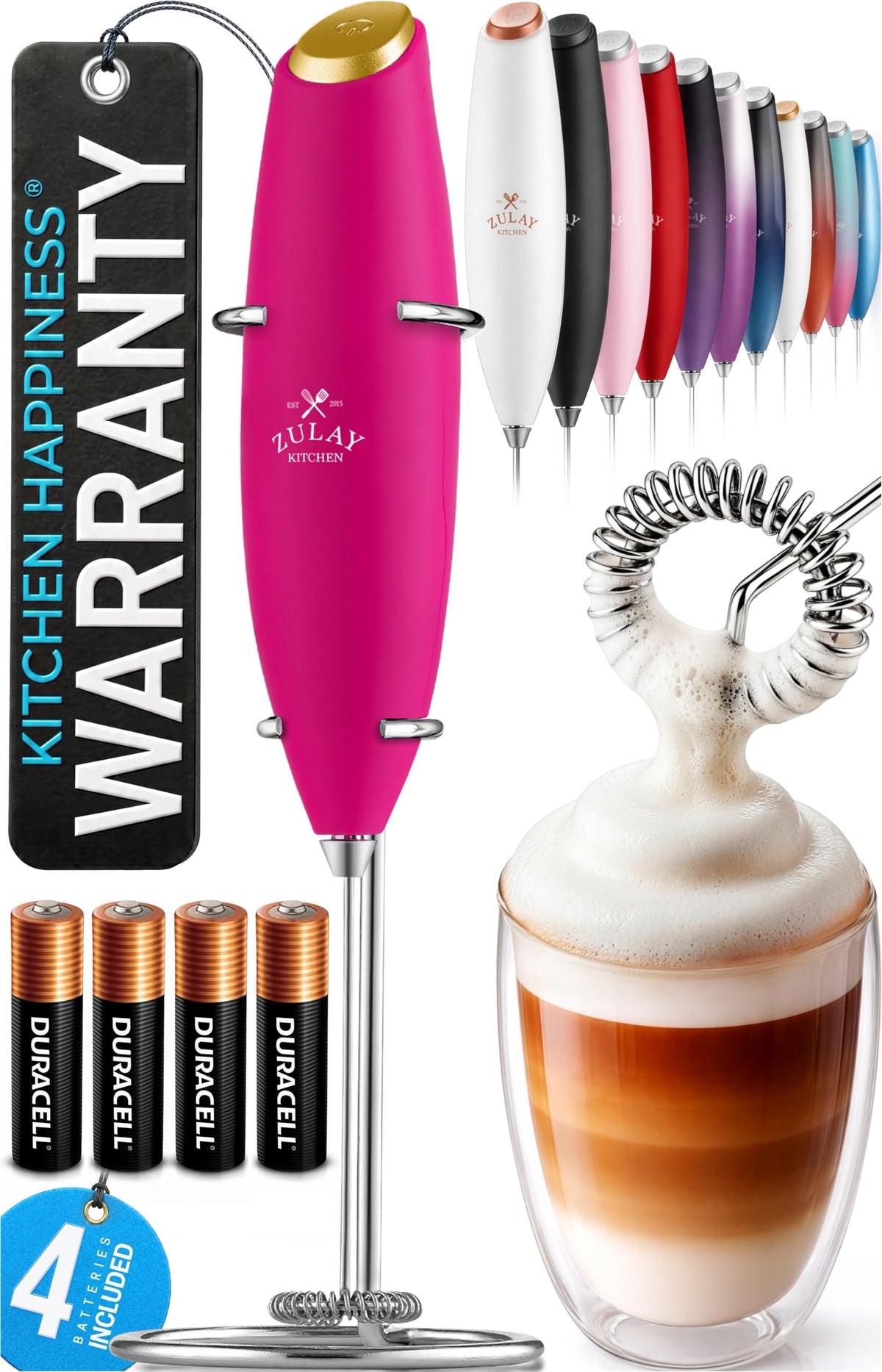 Zulay Kitchen Powerful Milk Frother Wand With Duracell Batteries - Ultra Fast Handheld Drink Mixer - Electric Whisk Foam Maker for Coffee, Lattes, Cappuccino & Matcha - Z1 Motor - Black