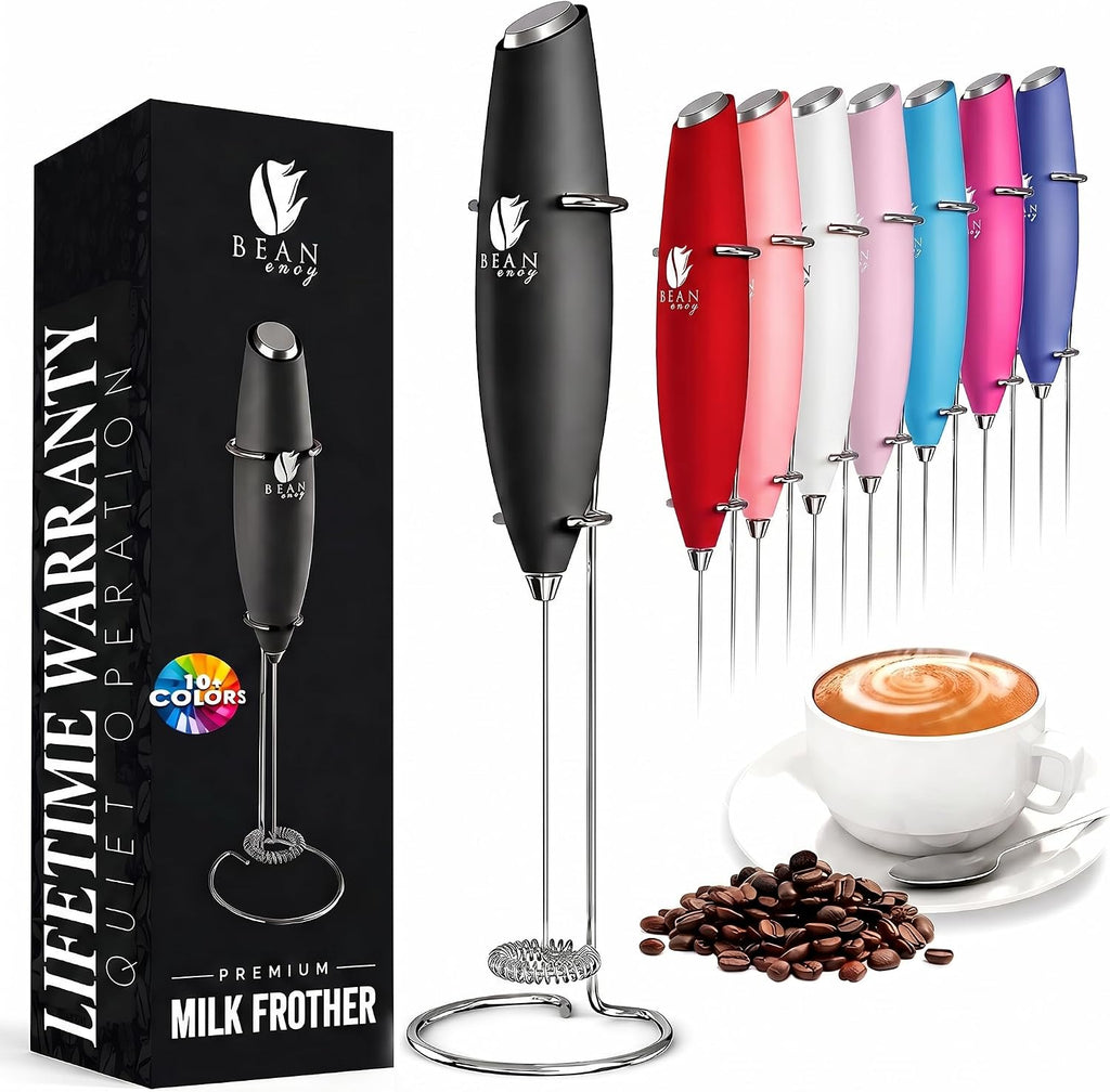Bean Envy Milk Frother Handheld - Coffee Mixer Wand with Stand - Black
