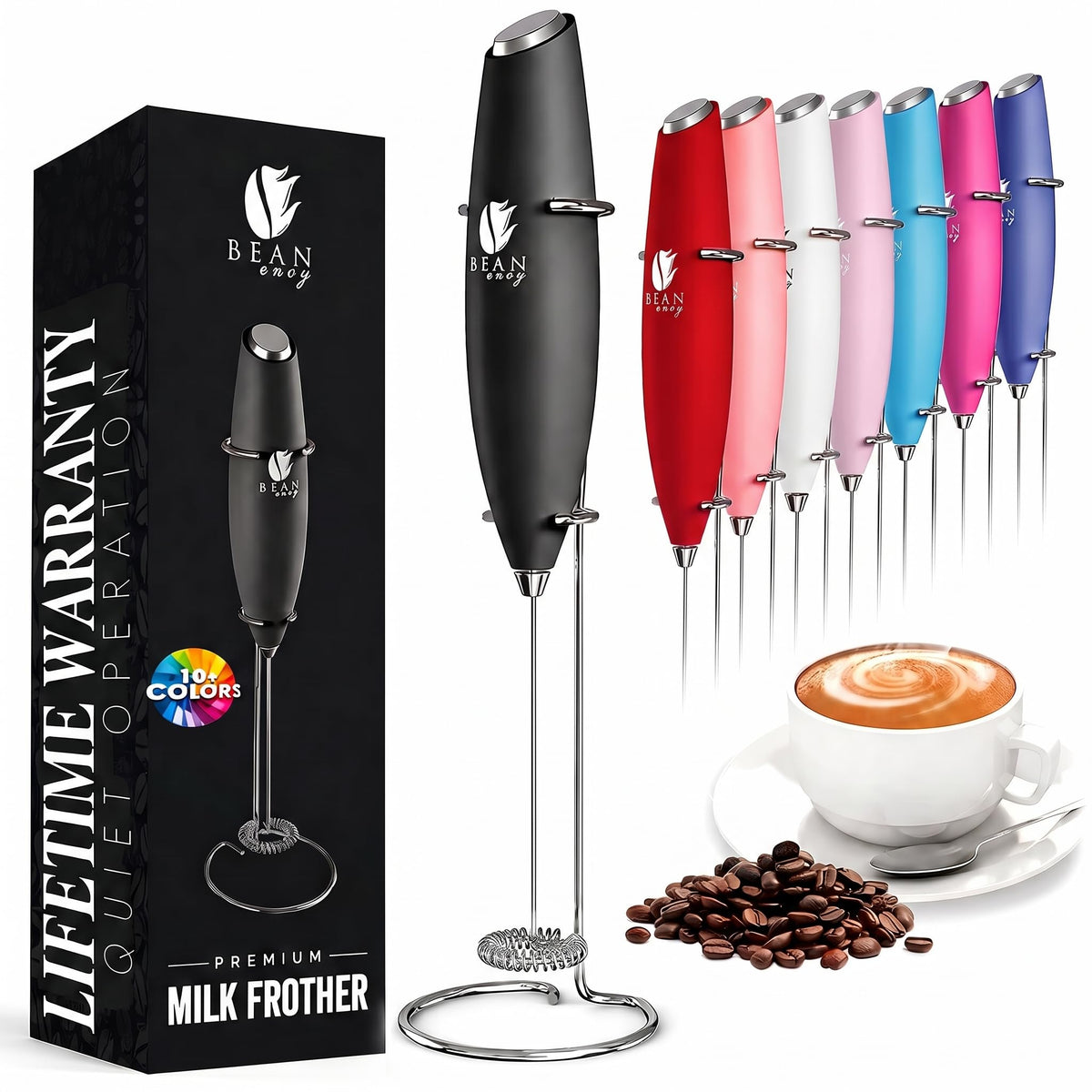 Bean Envy Milk Frother Handheld - Coffee Mixer Wand with Stand - Black