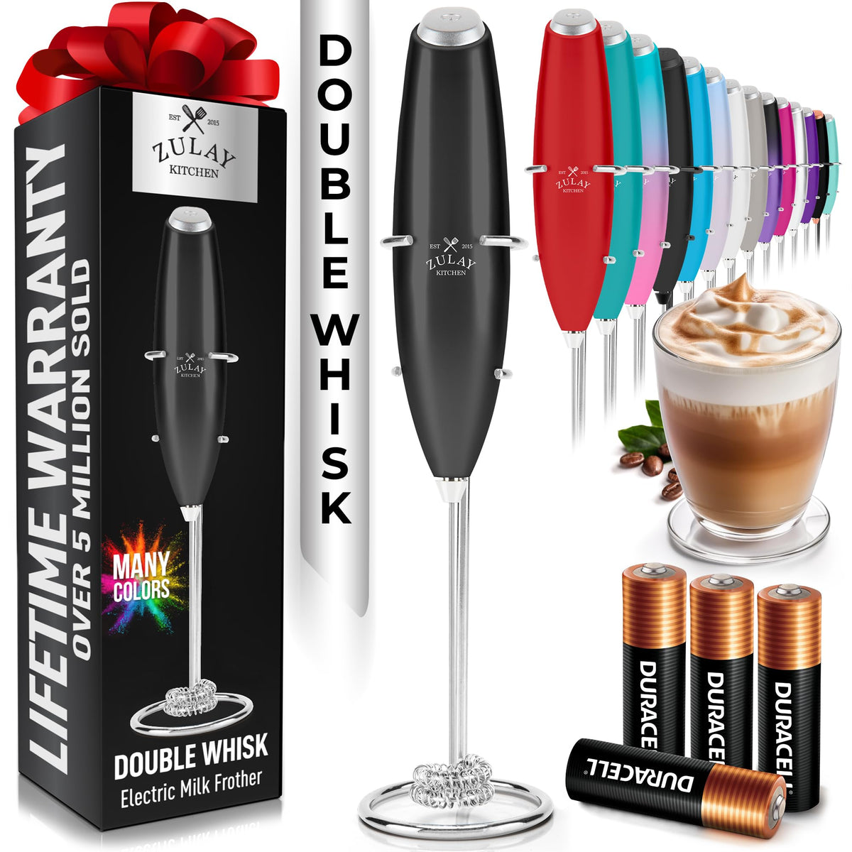 Zulay Kitchen Powerful Milk Frother Wand With Duracell Batteries - Ultra Fast Handheld Drink Mixer - Electric Whisk Foam Maker for Coffee, Lattes, Cappuccino & Matcha - Z1 Motor - Black