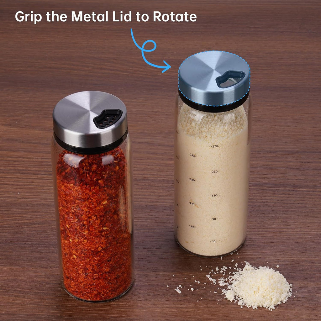 NiHome 2Pack 10oz Glass Spice Shakers Set, Adjustable Lid Dispenser, Clear