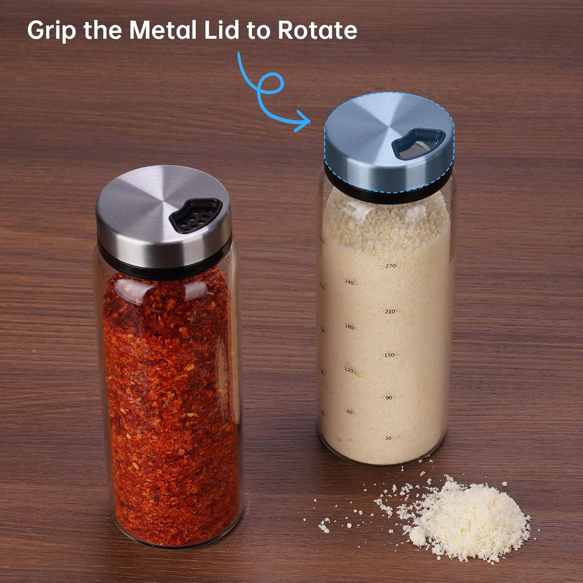 NiHome 2Pack 10oz Glass Spice Shakers Set, Adjustable Lid Dispenser, Clear