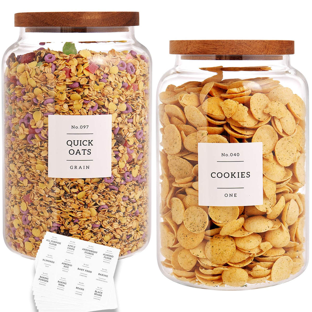 CZHQSMZ Set of 2 Large Glass Jar with Airtight Acacia Lid and 132 Kitchen Pantry Labels, Clear Glass Food Storage Jars Containers for Rice Flour Pasta Sugar Coffee Cookie and More(98 Fl Oz/2800 Ml)