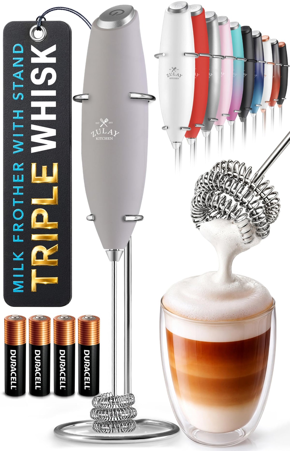 Zulay Kitchen Milk Frother Handheld Electric Whisk – Frother Wand, Durable Drink Mixer, Coffee Frother, Hand Blender, Frother for Protein Powder, Matcha & More - Black