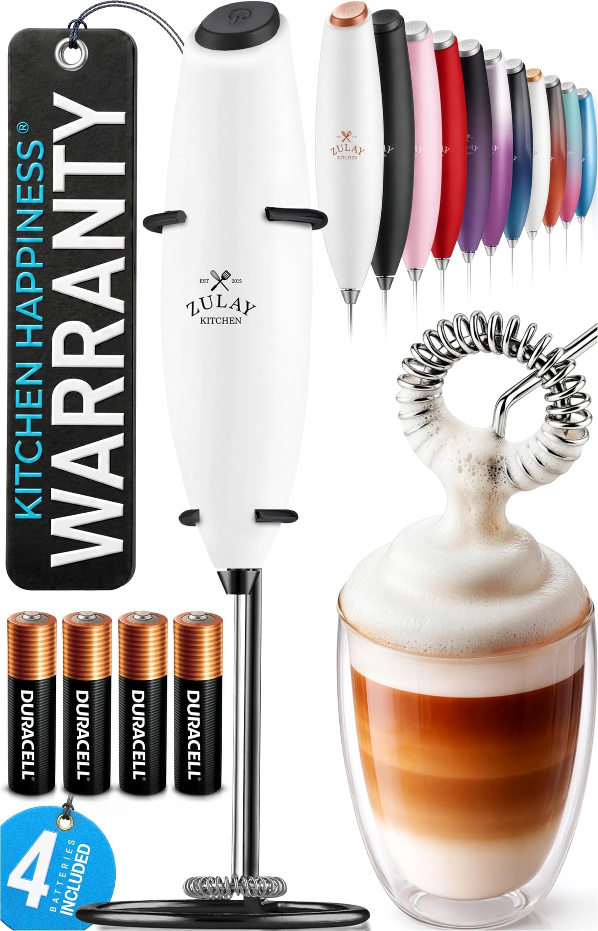 Zulay Kitchen Powerful Milk Frother Wand With Duracell Batteries - Ultra Fast Handheld Drink Mixer - Electric Whisk Foam Maker for Coffee, Lattes, Cappuccino & Matcha - Z1 Motor - Black