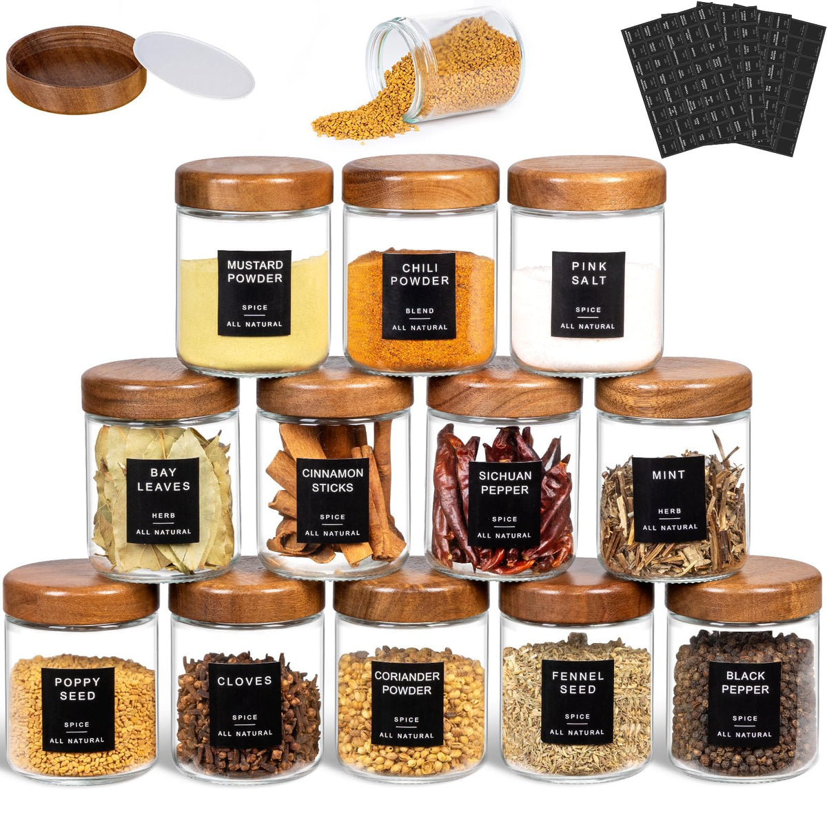 Yangbaga Glass Spice Jars with Labels, 24pcs 4oz Seasoning Organizer Jars