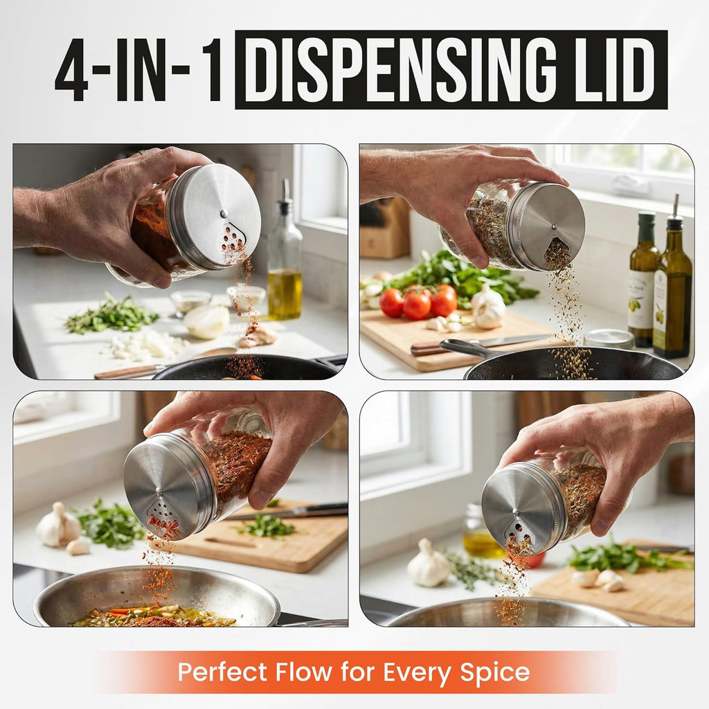 Mason Jar Shaker Lids Stainless Steel – Adjustable Spice & Seasoning Dispenser Tops for Regular Mouth Ball Canning Jars (4 Pack)