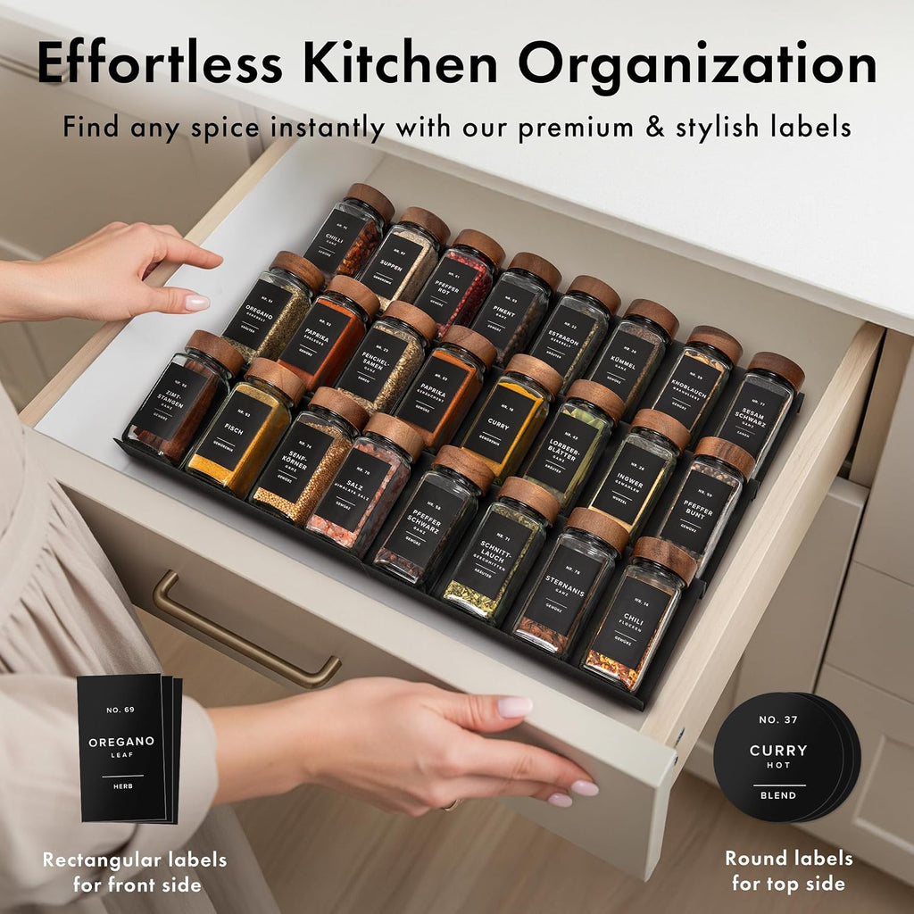 EDELHAUS Glass Spice Jars with Label, 24x Acacia Wooden Lids - Black Labels