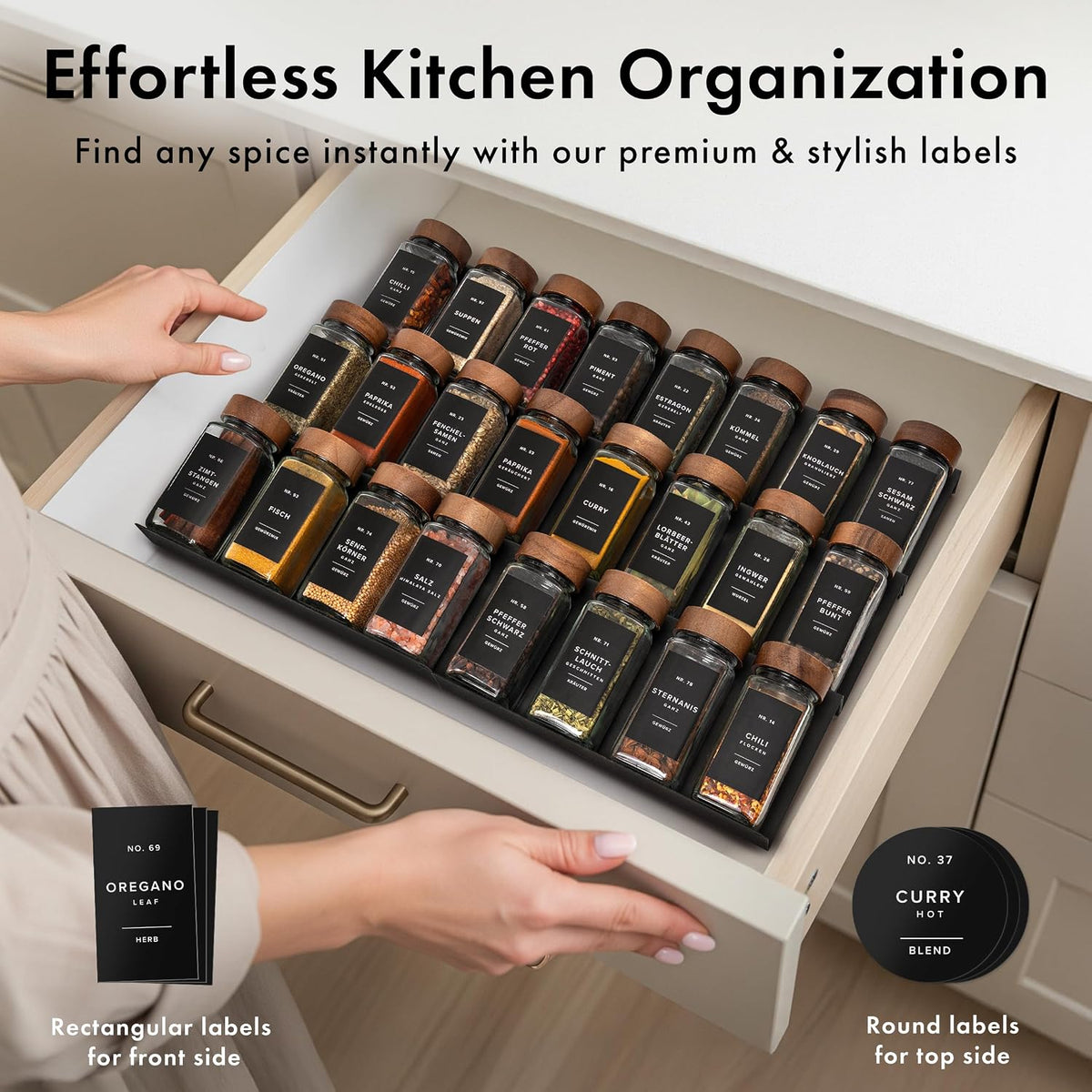 EDELHAUS Glass Spice Jars with Label, 24x Acacia Wooden Lids - Black Labels