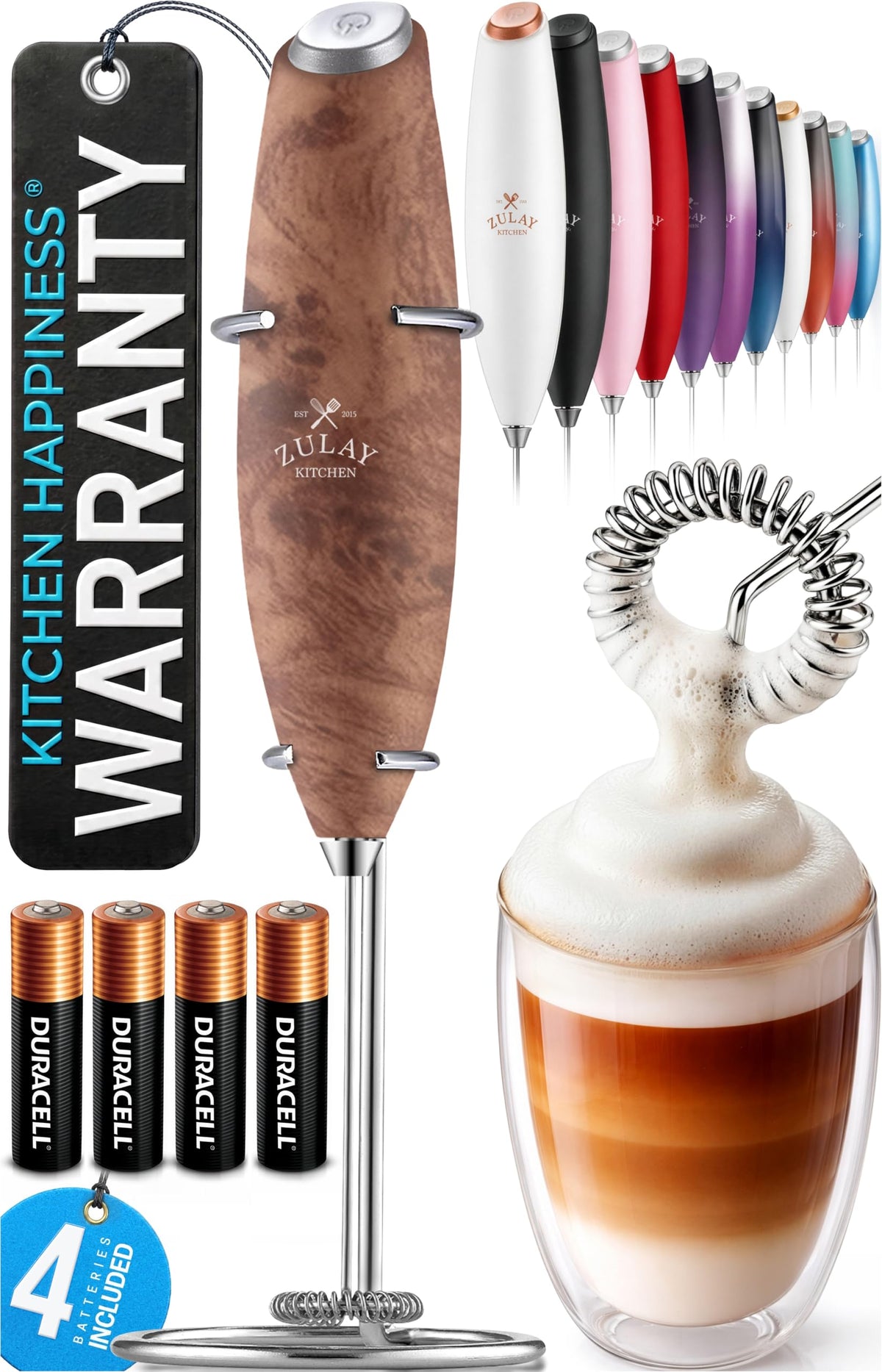 Zulay Kitchen Powerful Milk Frother Wand With Duracell Batteries - Ultra Fast Handheld Drink Mixer - Electric Whisk Foam Maker for Coffee, Lattes, Cappuccino & Matcha - Triple Whisk - Black