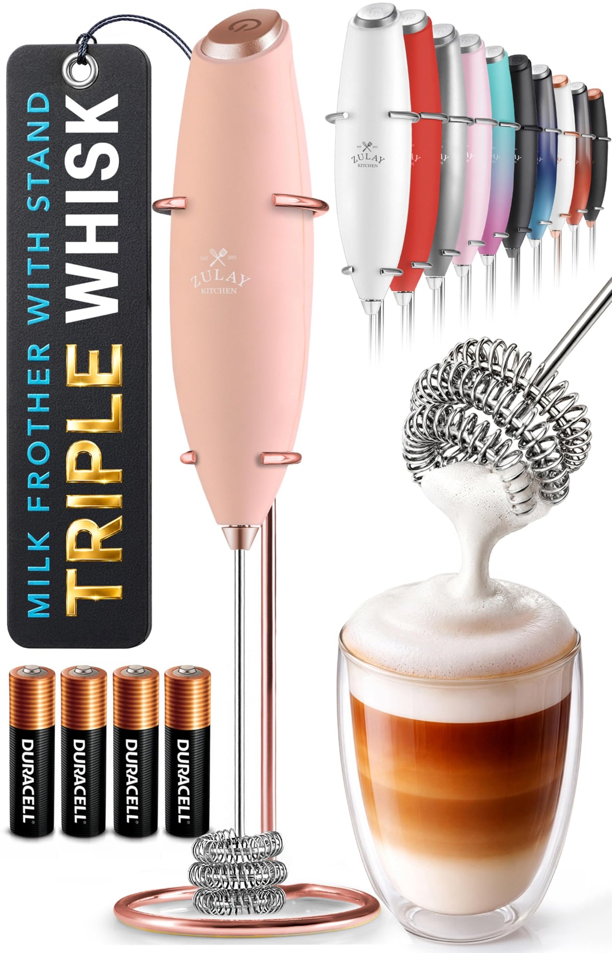 Zulay Kitchen Rechargeable Milk Frother Handheld - Frother Wand, Drink Mixer, Electric Whisk Frother, for Cappuccinos, Matcha & Protein Powder - Dynamic 3 Whisk, 3 Speed 500mAh Black