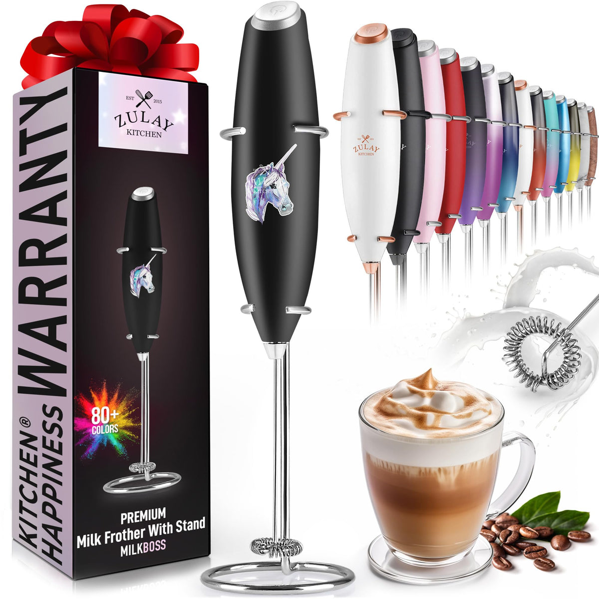 Zulay Rechargeable Milk Frother – 3-in-1 Handheld Frother Wand with Travel Case & USB-C Charger – Single, Double & Egg Whisk for Latte, Cappuccino, Matcha, Protein Shakes - Froth N Go Deep Black