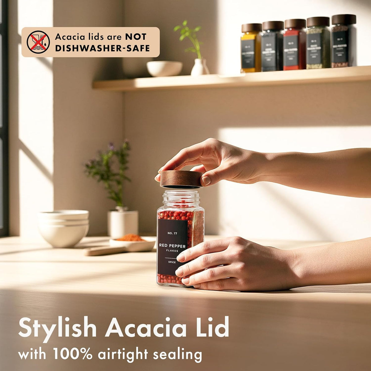 EDELHAUS Glass Spice Jars with Label, 24x Acacia Wooden Lids - Black Labels