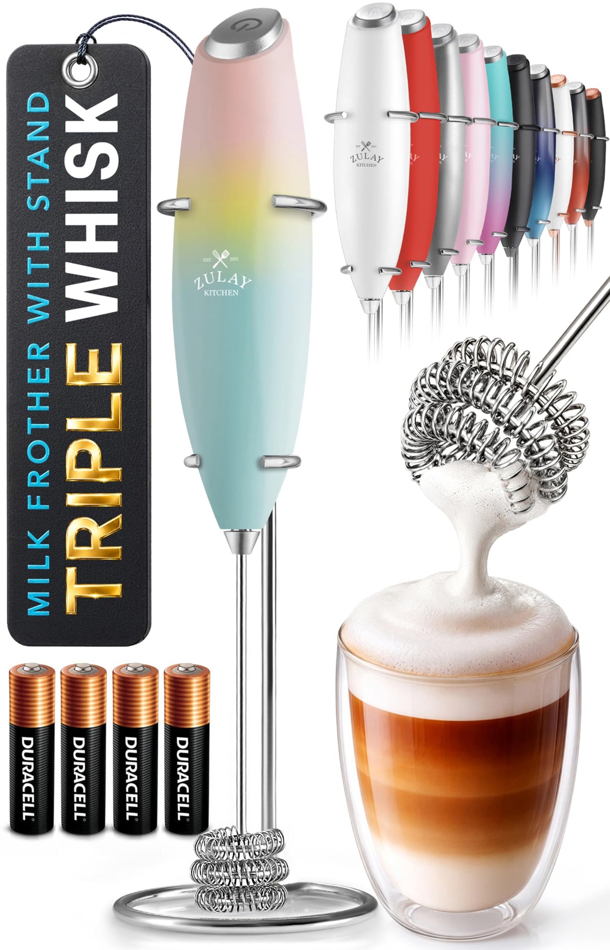 Zulay Kitchen Rechargeable Milk Frother Handheld - Frother Wand, Drink Mixer, Electric Whisk Frother, for Cappuccinos, Matcha & Protein Powder - Dynamic 3 Whisk, 3 Speed 500mAh Black