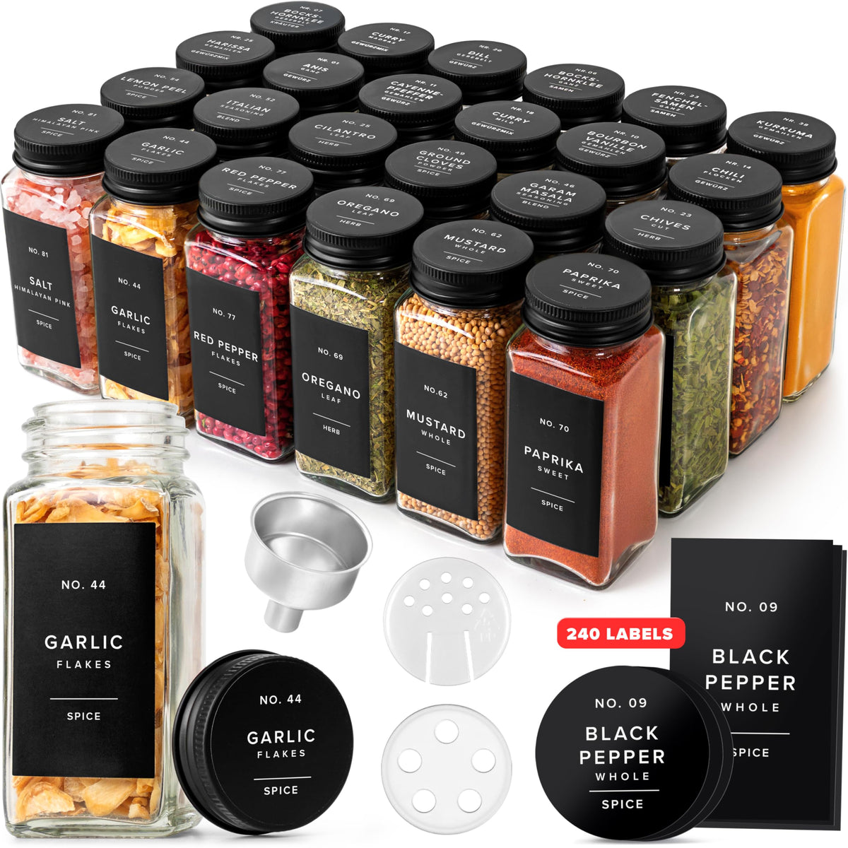 EDELHAUS Glass Spice Jars with Labels, 24x Matte Black Lids - 4oz Set